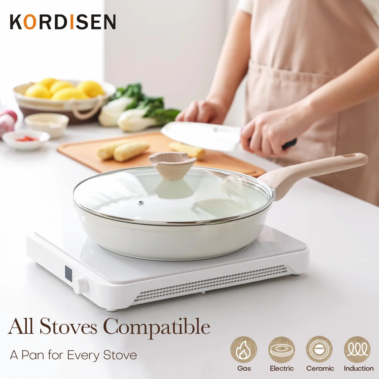Kordisen Sartén Cerámica Juego con Tapa 20/24/28 cm, Sartén Antiadherente Inducción, Saludable y No Tóxica, Sin PFOA y PFAS