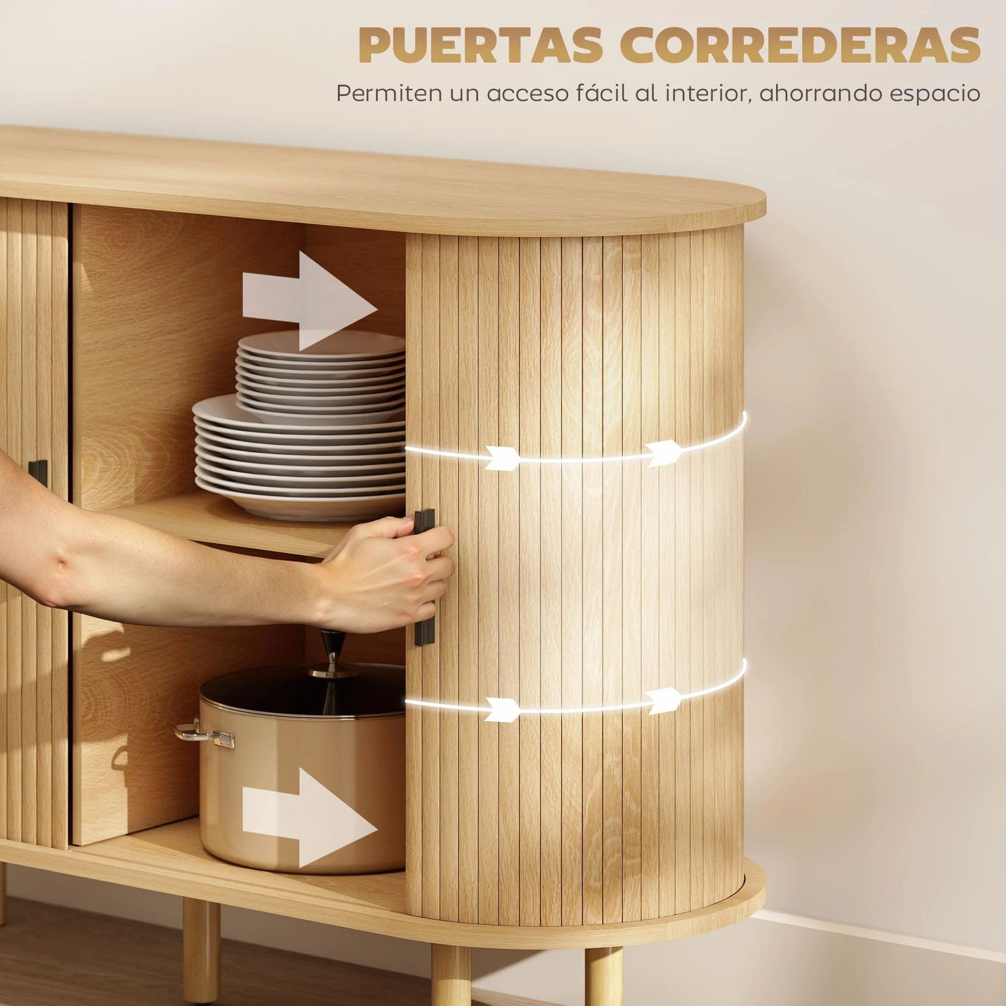 HOMCOM Aparador con Puertas Tambour Deslizantes, 4 Compartimentos, Patas de Madera, Roble, 120x40x78 cm