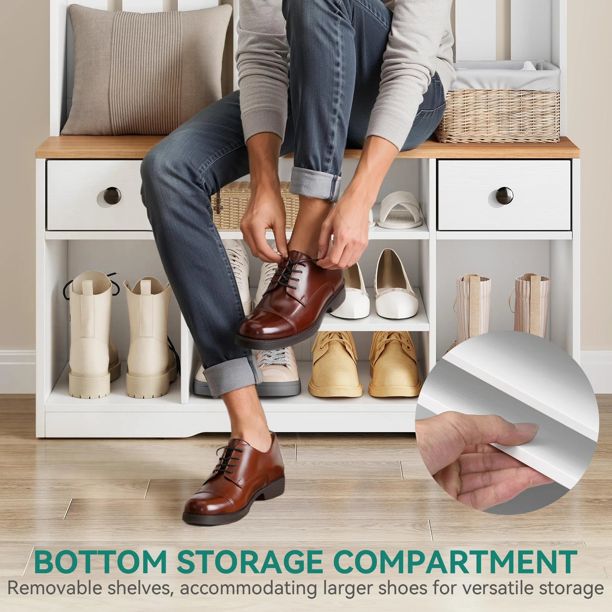 YITAHOME Perchero Entrada Recibidor con Banco, 35 x 100 x 180 cm Zapatero Entrada Recibidor, Perchero Zapatero, con 9 Ganchos y Almacenamiento, 2 Cajón de Tela, Pasillo Dormitorio Salón, Blanco/Roble