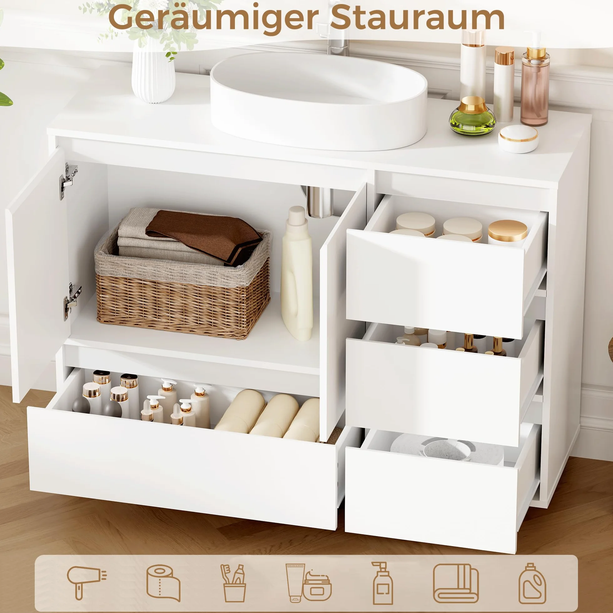ANWBROAD Mueble Bajo Lavabo, 4 Cajones, 2 Puertas, Armario de Baño con Patas, Moderno,90 x 30 x 64,5 cm, Blanco SSC002W