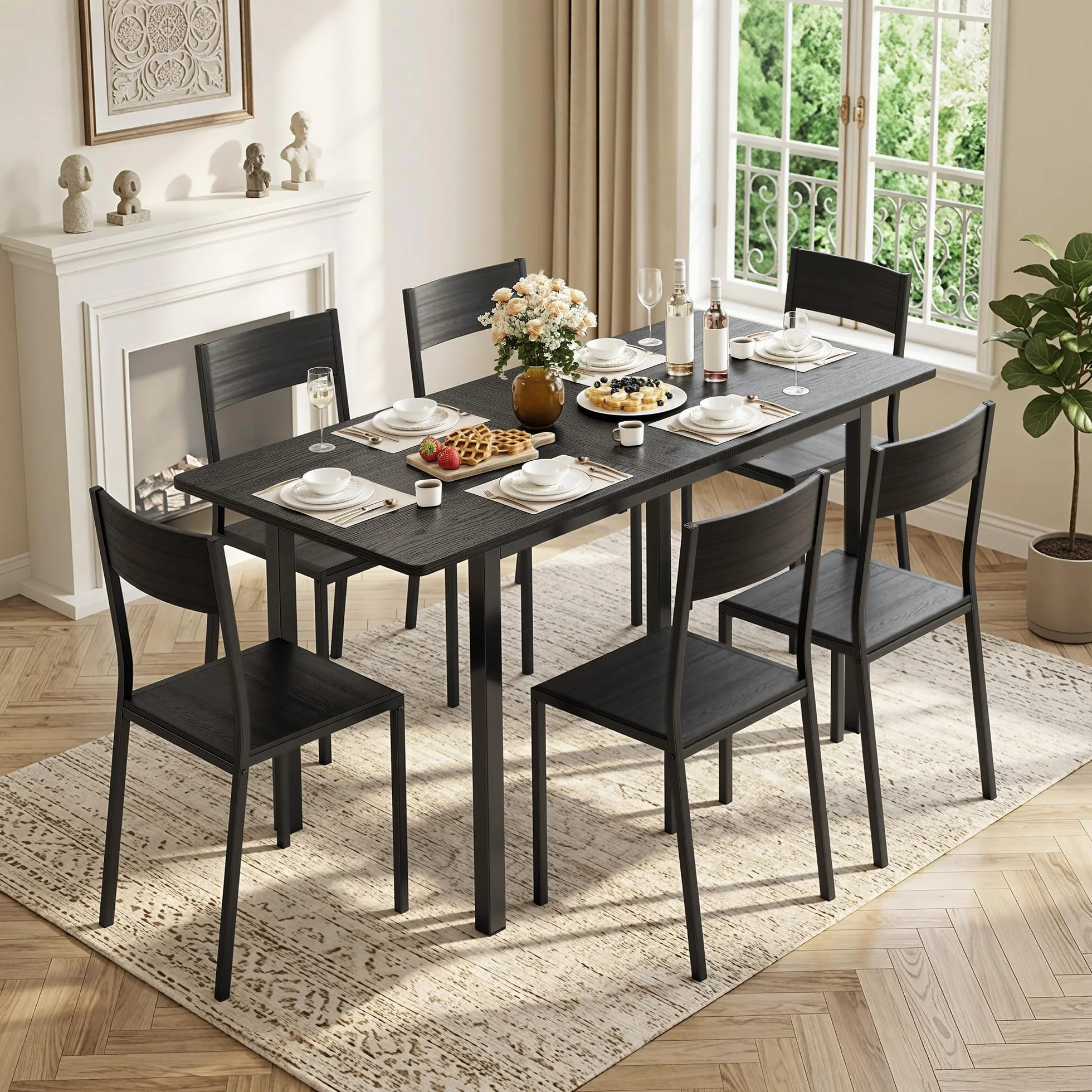 Xbro Conjunto Mesa y Sillas 6 Personas Extensible, Mesa Comedor con 6 Sillas, Ahorro de Espacio, Estructura Metálica Estable, Fácil de Montar, Cocina Comedor 110–140 cm