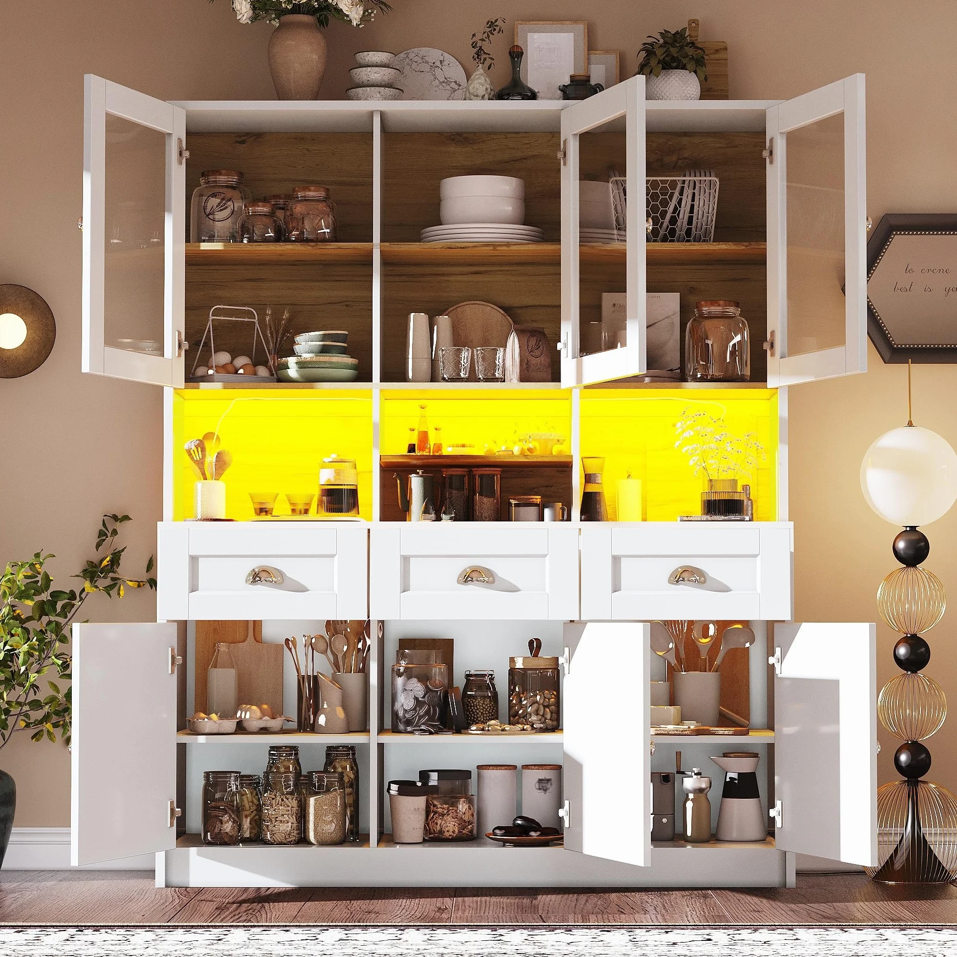LAKFEW Armario Cocina con Iluminación LED y Dispositivo Antivuelco, Alacena de Cocina con 6 Puertas y 3 Cajones, Aparador, Armario Despensa Cocina con Estante Ajustable, 140x40x175 cm, Blanco