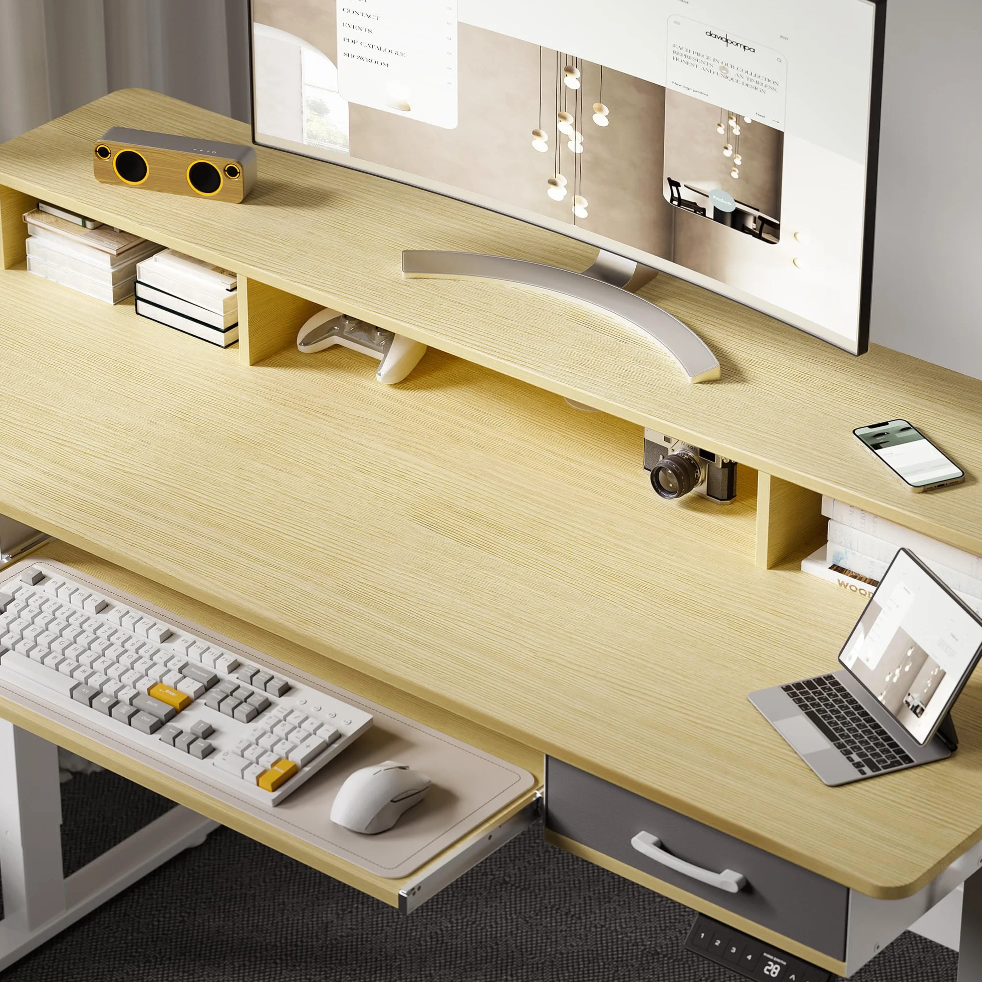 WALKINGDESK Escritorio Elevable Eléctrico con Bandeja para Teclado, 160 x 60 cm Escritorio Regulable en Altura, Mesa Elevable con Soporte Monitor, Mesa Ergonómico de Bipedestación, Roble