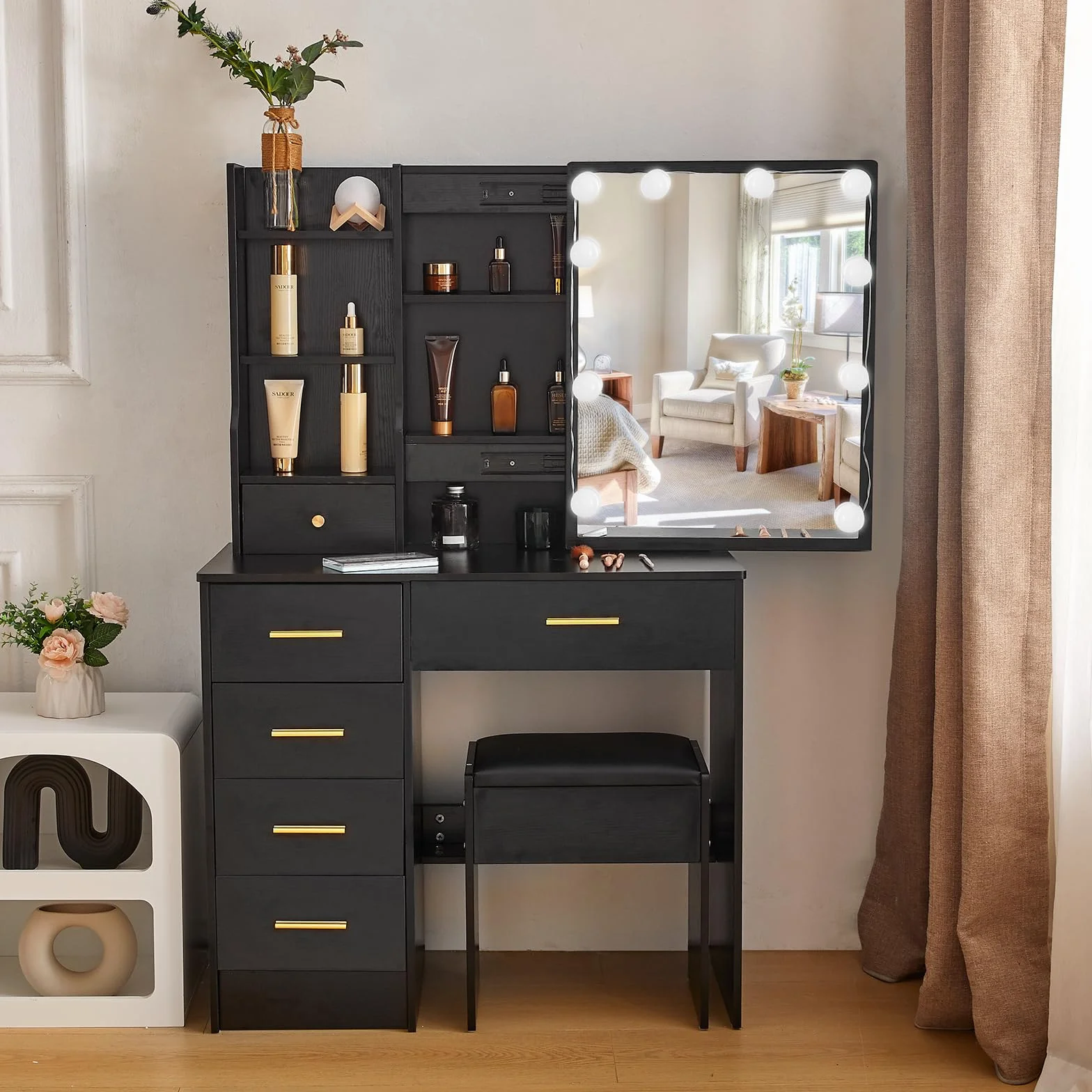 Tocador con iluminación, mesa de maquillaje con taburete para maquillaje, mesa de cosméticos con cajones y espejo, brillo ajustable, moderno, 130x80x36 cm, negro