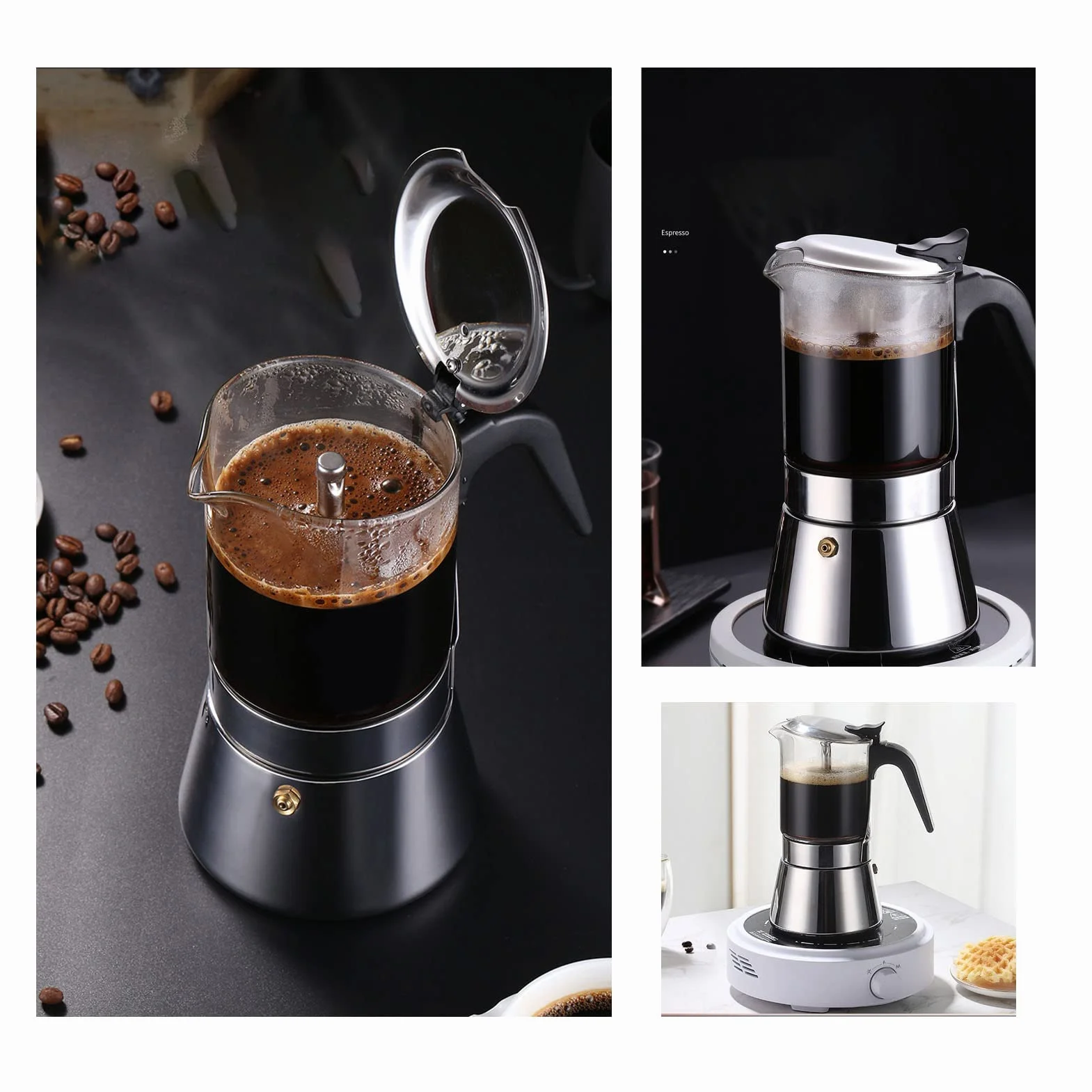 BuyWeek Cafetera Moka Pot, Cafetera Espresso de Tapa de Cristal Cafetera Italiana Clásica Cafetera para Estufa 4 Tazas