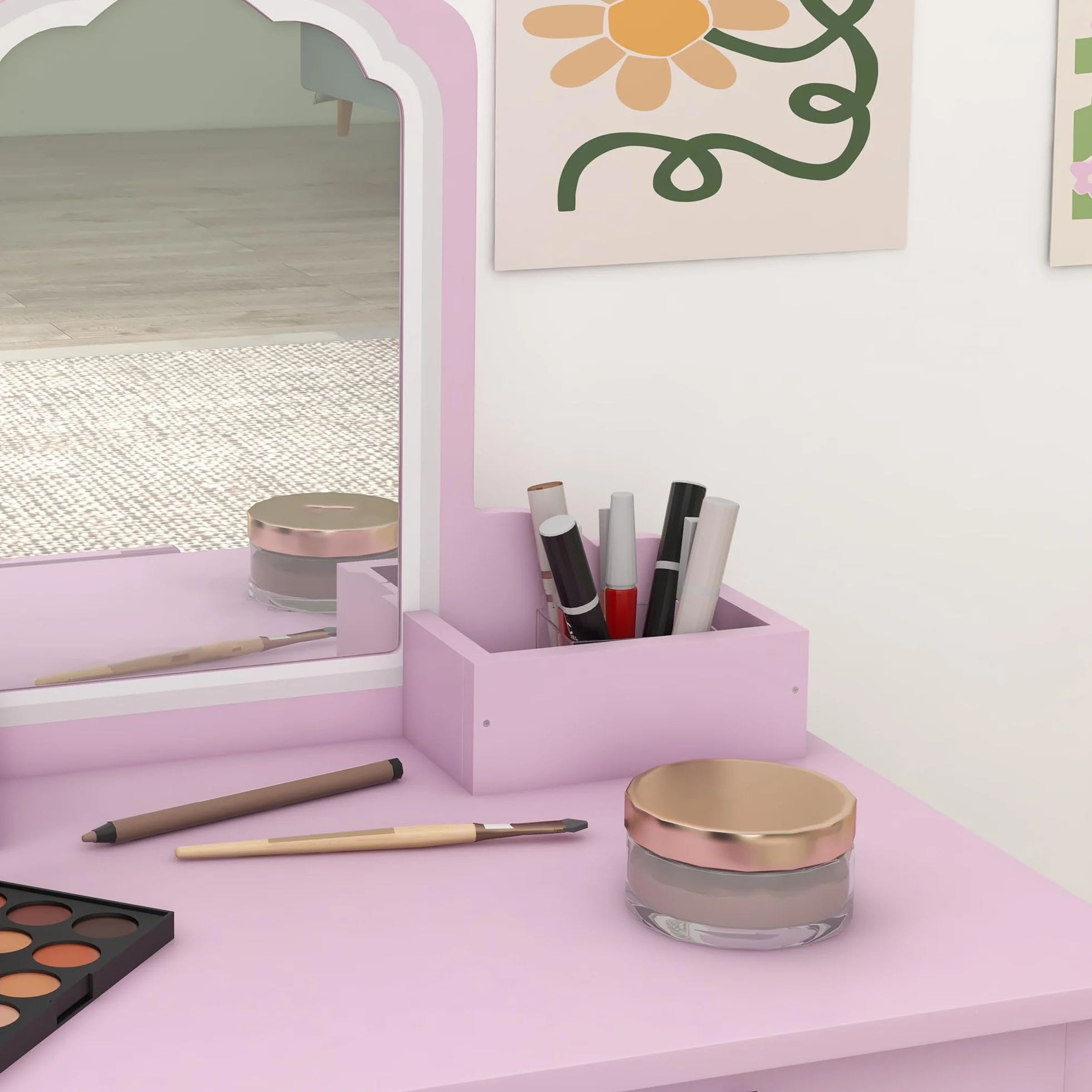 ZONEKIZ Tocador Infantil Mesa de Maquillaje con Taburete y Espejo para Niñas +3 Años Rosa