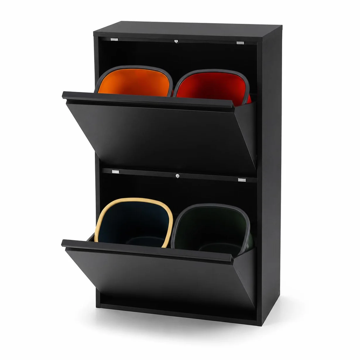 Sistema de separación de basura, 4 recipientes de 15 l, cubo de basura de cocina con armario (negro) | 56 x 24,5 x 91 cm, acero laminado en frío, 4 recipientes de 15 l, montaje en pared, para cocina, oficina, comercio