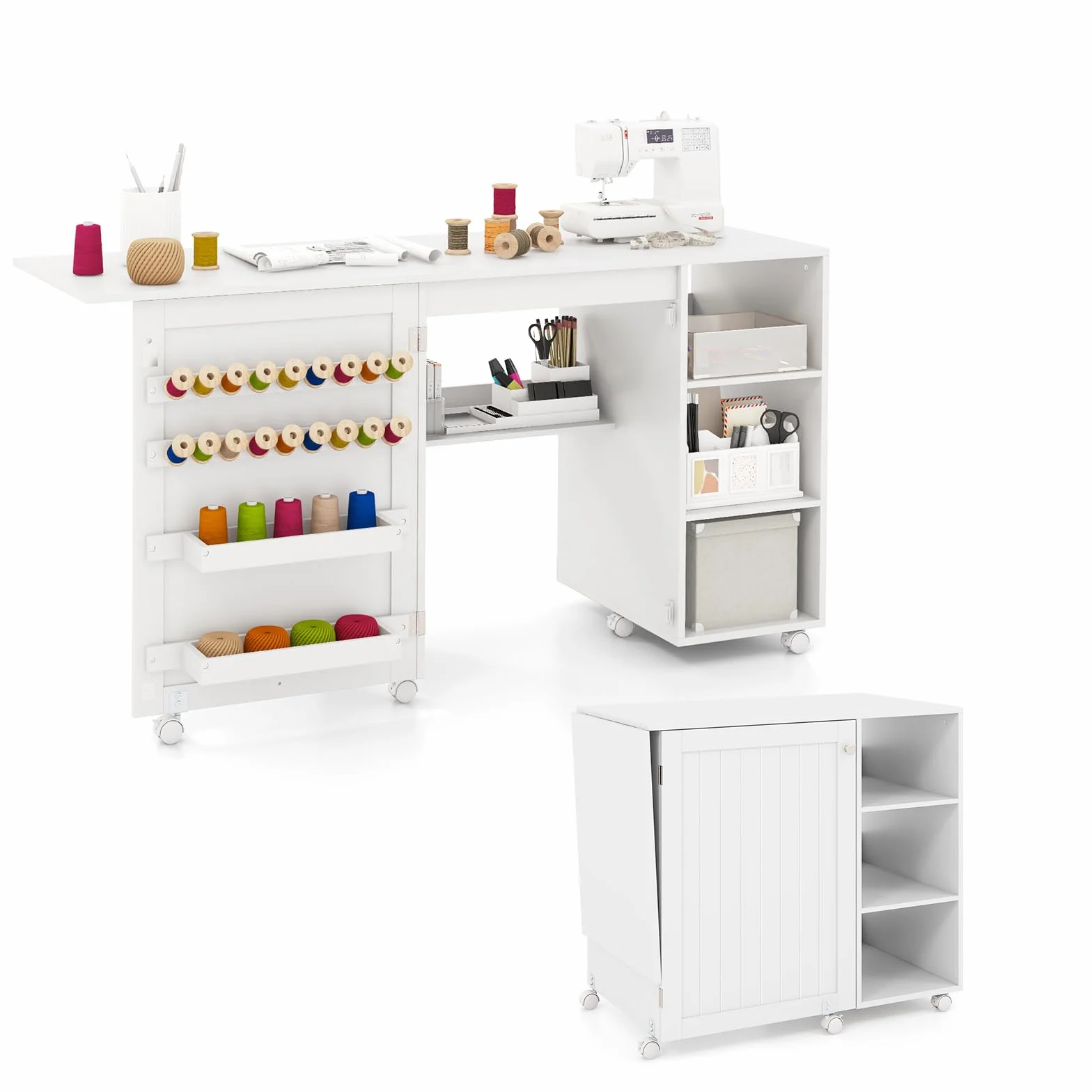 LIFEZEAL Mesa de Costura Plegable, Armario de Costura con 2 Soportes para Hilos y 18 Ganchos, Estación de Manualidad con 3 Estantes de Almacenamiento, Mueble para Máquina de Coser Portátil con Ruedas