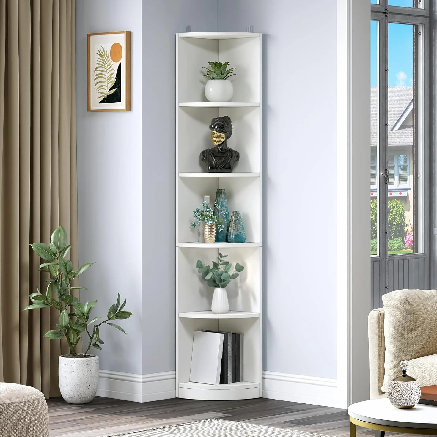 YITAHOME Estante de esquina de 5 niveles, estantería de esquina moderna de 70 pulgadas de alto, estantería de esquina de 5 estantes y estanterías, oficina en casa, color blanco