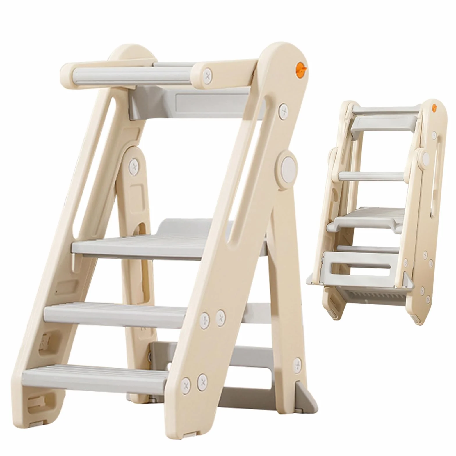 Torre de Aprendizaje para Niños, Taburete Infantil Plegable de Altura Ajustable con Barandilla y Asas, Escalera de Cocina y Baño Antideslizante para Niños – Beige, 52×54×83 cm
