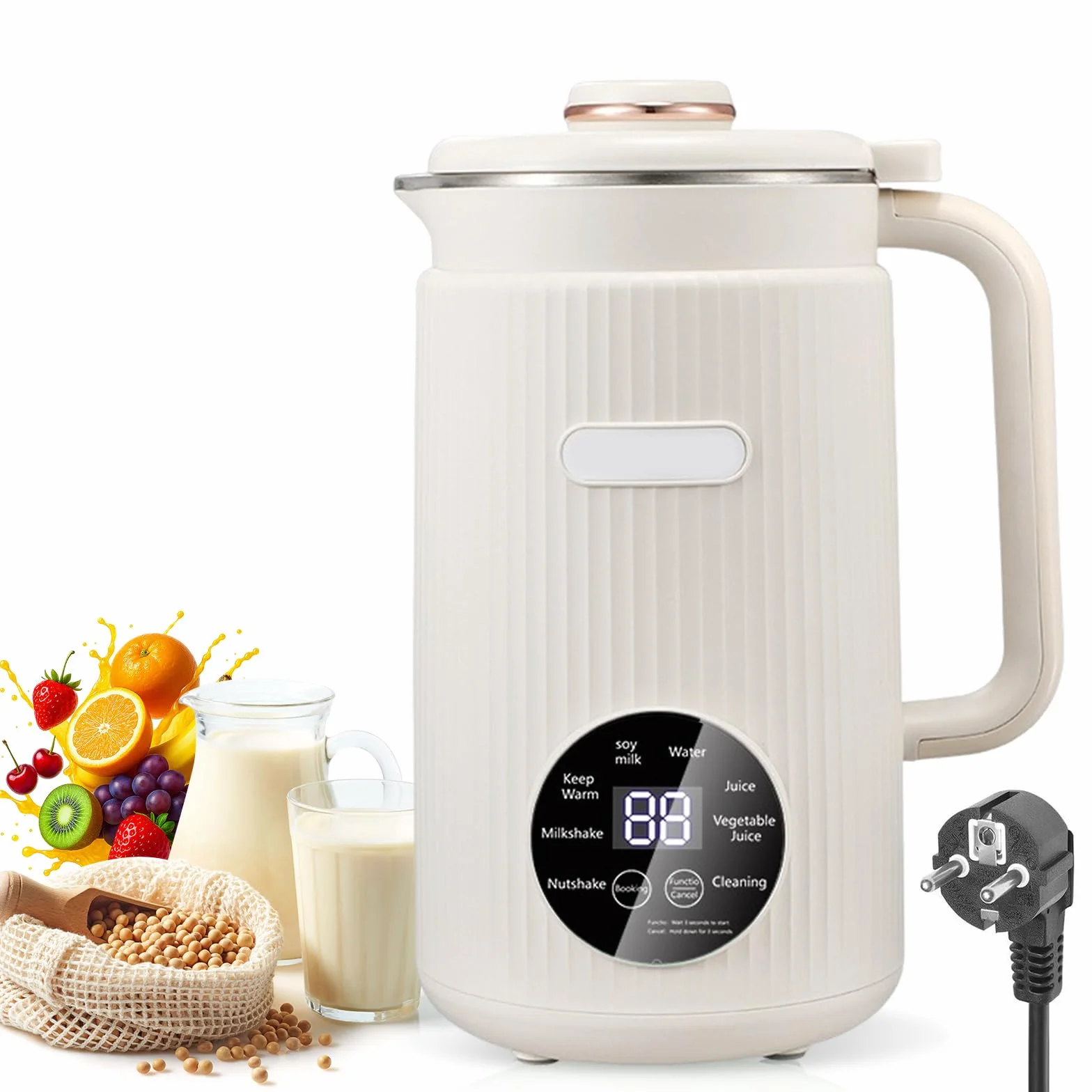Máquina de Leche Vegetal 8 en 1, 1.2L con Autolimpieza, Temporizador - Elabora Leche de Avena, Almendra, Soja, Frutos Secos y Zumos (Blanco)