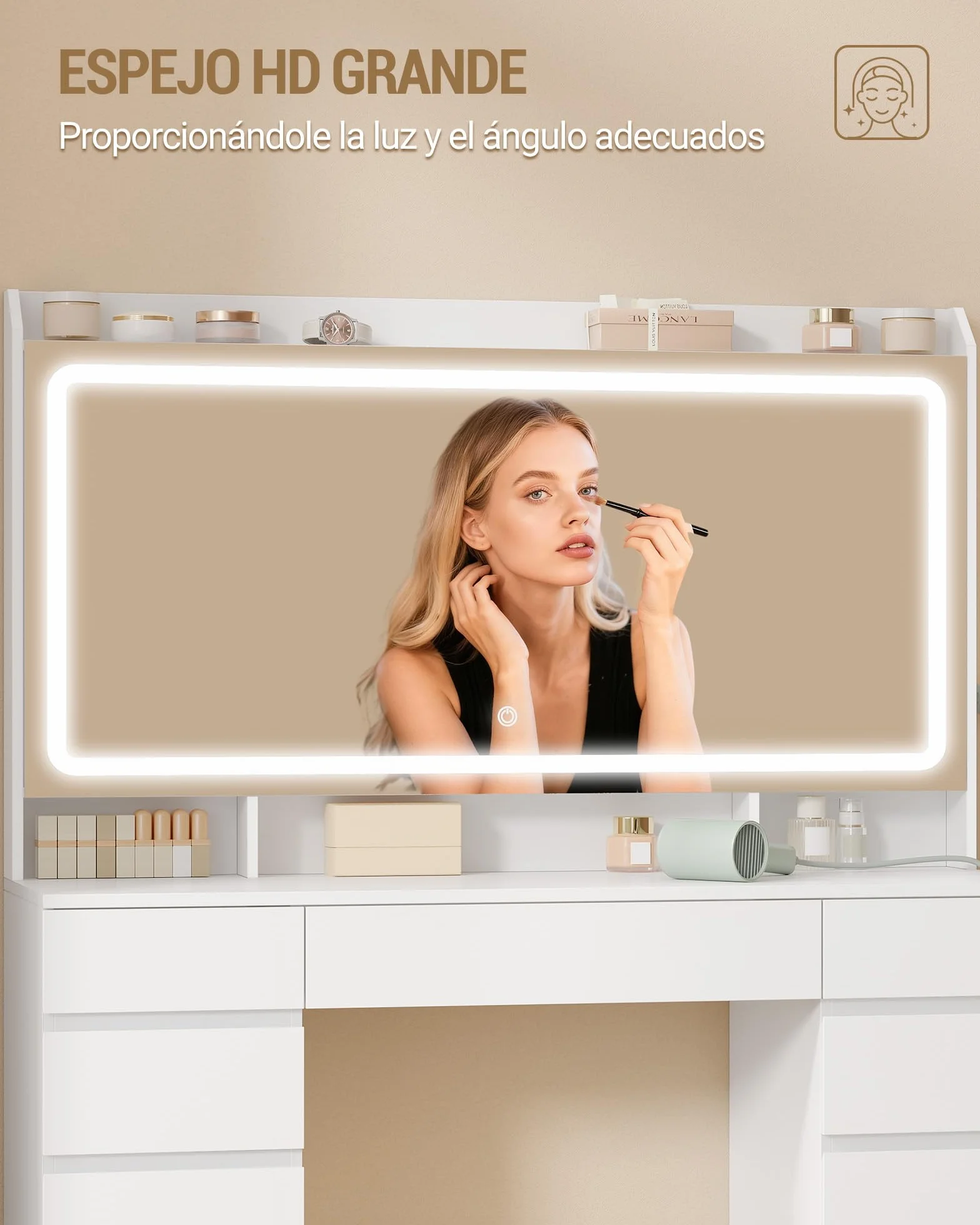 Hzuaneri 108 cm Tocador de Maquillaje, Tocador con Espejo HD Grande, Luces LED Regulables y Enchufes, 11 Cajones, 3 Compartimentos de Almacenamiento y 1 Estante Superior, Blanco DT43003XEU