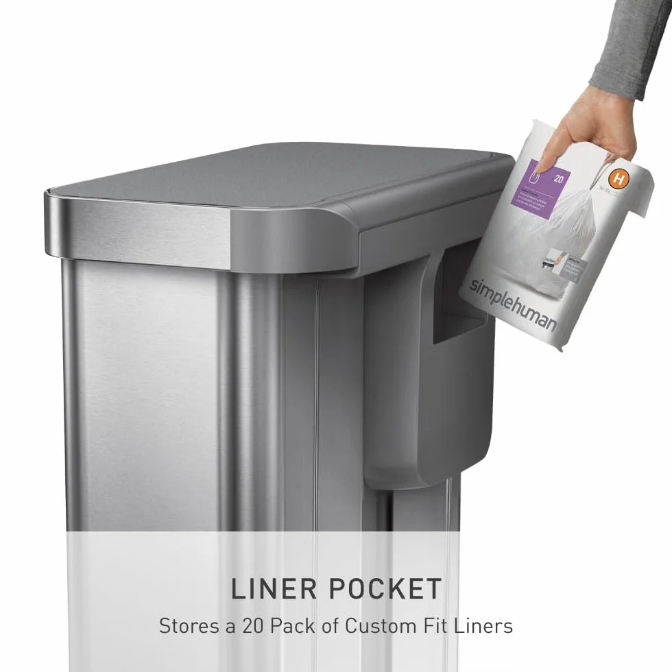 simplehuman CW2209 cubo doble compartimento con pedal y almacén de bolsas de basura, acero inoxidable cepillado con tapa de plástico gris, 58 L (34/24)