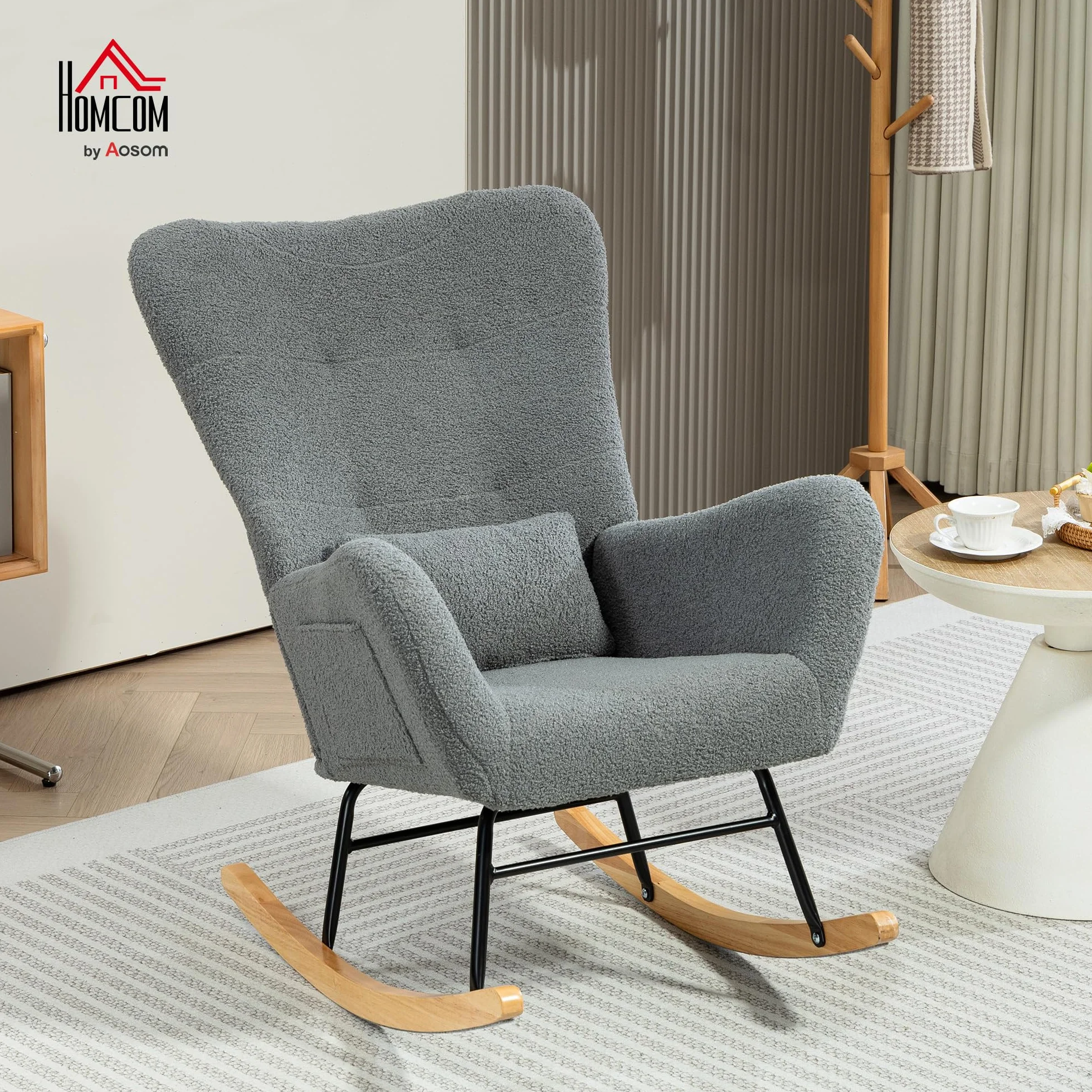 HOMCOM Silla Mecedora Moderna, Mecedora Tapizada en Terciopelo de Teddy, Sillón de Lactancia con Respaldo Acolchado Alto, Almohada, Patas de Madera, Bolsillo Lateral, para Dormitorio, Salón, Gris