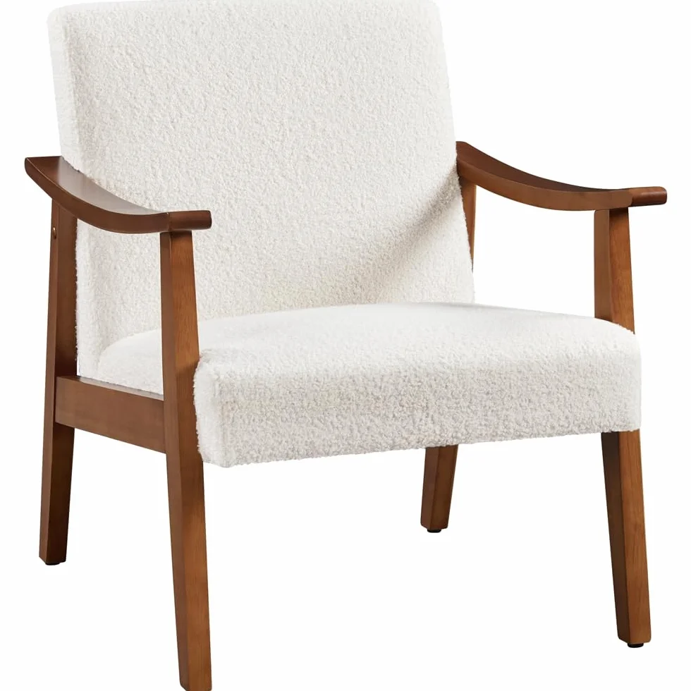Yaheetech Butaca de Salón Tapizado en Bouclé Sillón Individual con Respaldo Acolchado y Reposabrazos de Madera Maciza Sofá Individual Ergonómico Soporte 136 kg Blanco