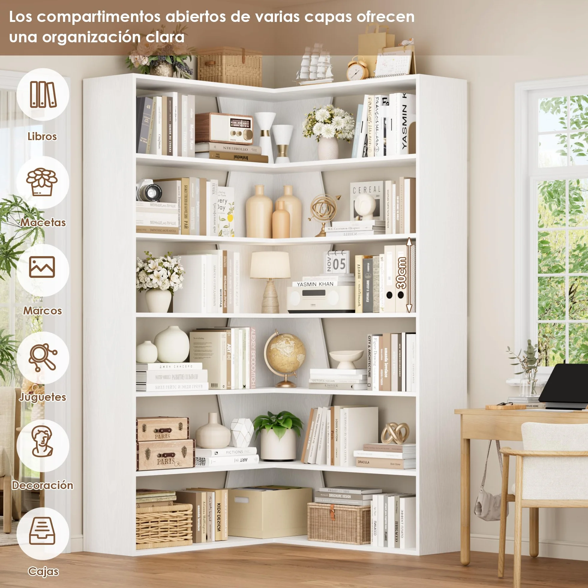 FirFurd 190.5cm Estantería Esquina 6 Niveles, Estantería Libros, Librería Salón, Estanterías Almacenaje Madera, Libreria Estanteria, con 12 Compartimentos, para Salón, Oficina, Estudio (Blanco)