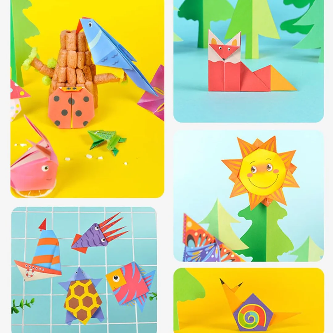 Kit de Origami para Niños 108 Hojas de Papel con 54 Patrones + 50 Papeles de Colores, Libro de Instrucciones, 14x14cm