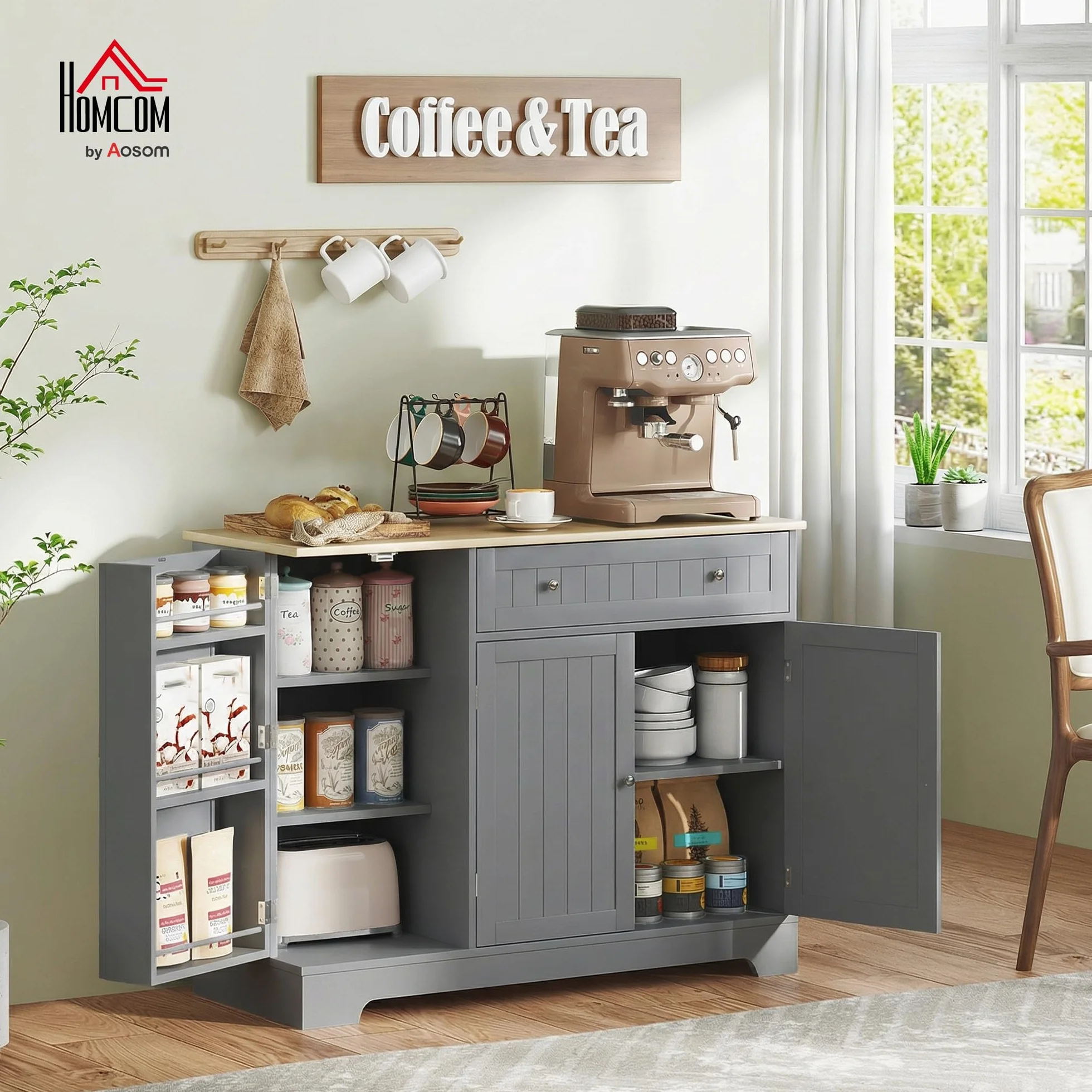 HOMCOM Aparador de Cocina, Armario de Cocina con 3 Estantes de Puerta, 1 Cajón, Estantes Ajustables, Aparador para Comedor, 105x40x83 cm, Gris