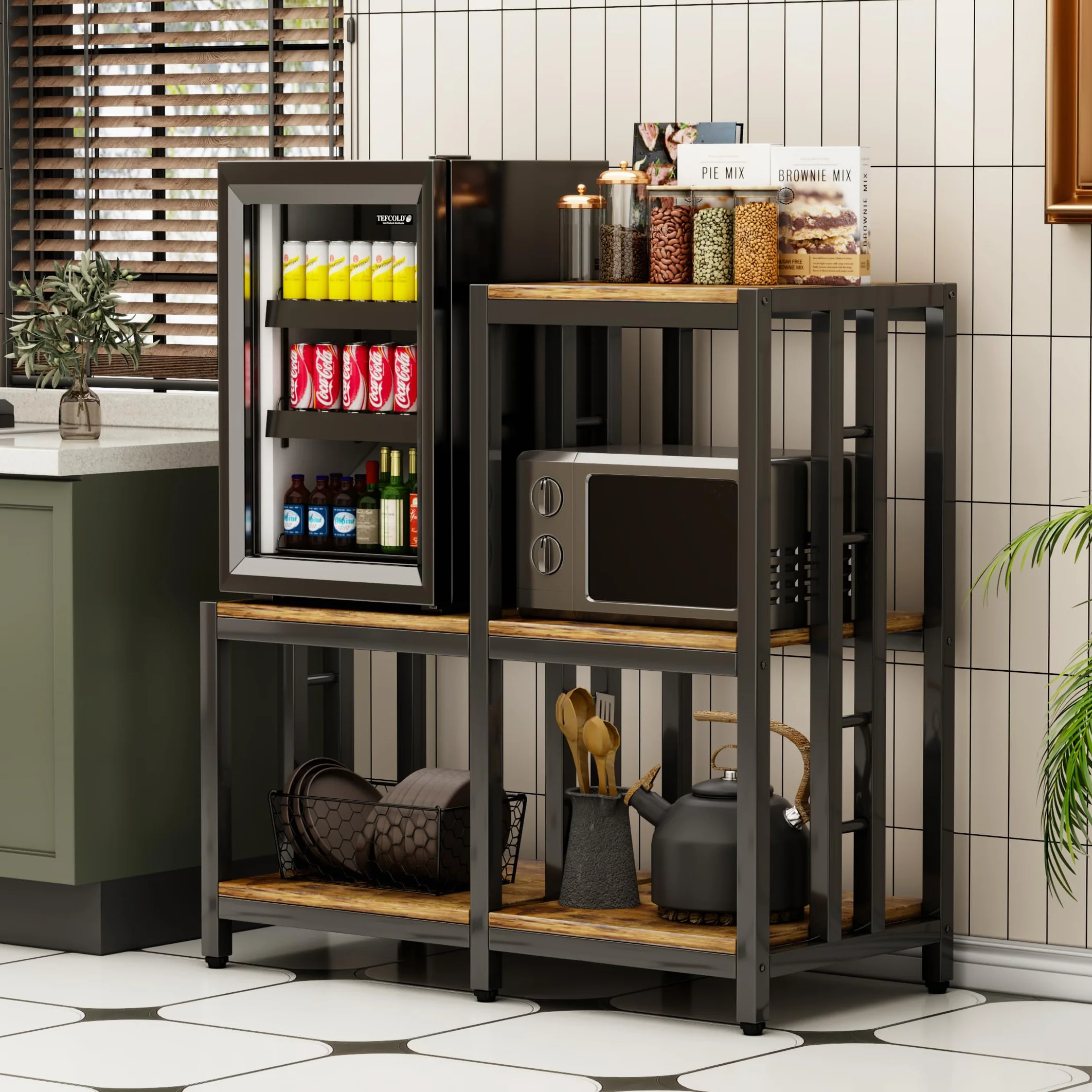 Mini soporte para nevera con almacenamiento, soporte para horno microondas, estante para panaderos con estante de almacenamiento, mini armario para nevera, mini estante para nevera para