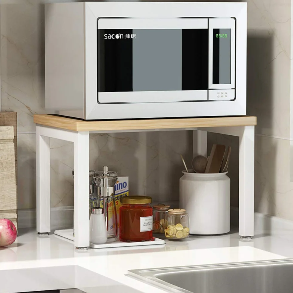 ZXCC Sencillo Cocina Estantería Microondas Encimera, Acero Almacenamiento Madera Estantes Utilidad Soportes Organizador Multiuso Especia Contador Gabinete Metálico Marco-a-Amarillo 2-Niveles