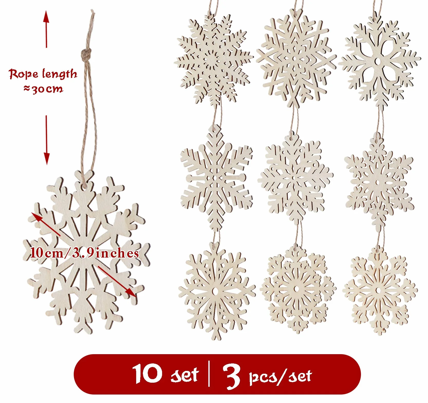 Copos de Nieve de Madera ilauke 30 Piezas, 10 Estilos Ahuecados con Cuerda para Decoración Navideña