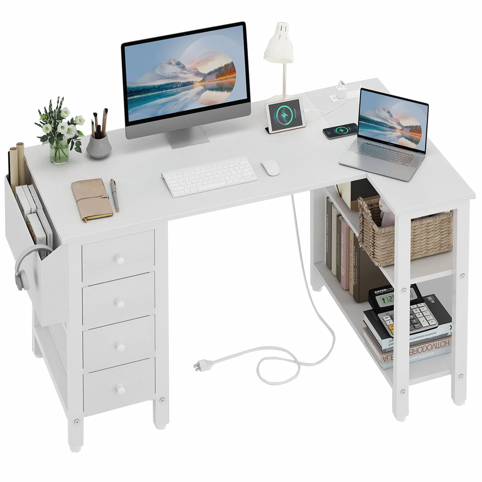 Lufeiya Mesa Escritorio Blanco con Cajones y Enchufes,Escritorio Esquinero con 4 Cajones 120CM Escritorio en l L para Oficina Juveniles Estudio（Enchufes Europea