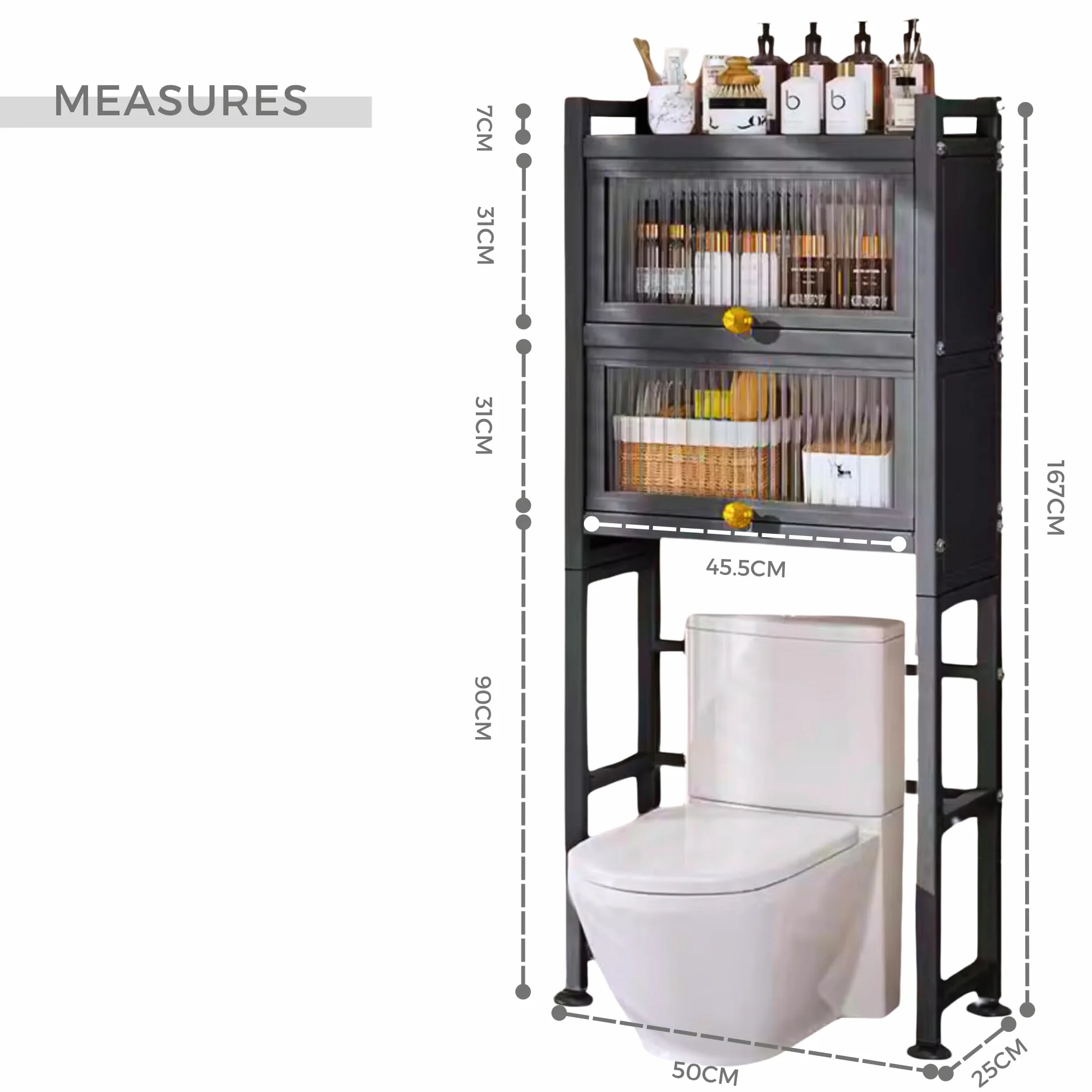 MAGIC SELECT Estantería sobre Inodoro con Puertas Abatibles | Estante de WC Organizador Multiusos | Estantería de Almacenamiento de Baño | Ahorra Espacio con 3 Niveles | Patas Ajustables en Altura.