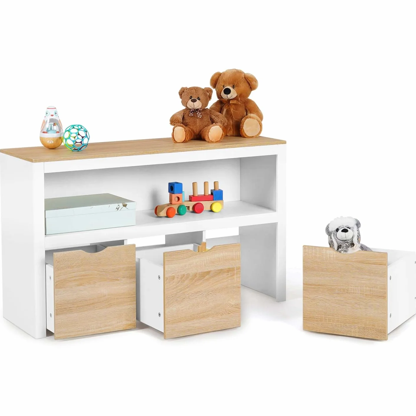 IDMarket - Mueble de almacenamiento infantil Mana de madera blanca y haya 3 cajones cubos con ruedas