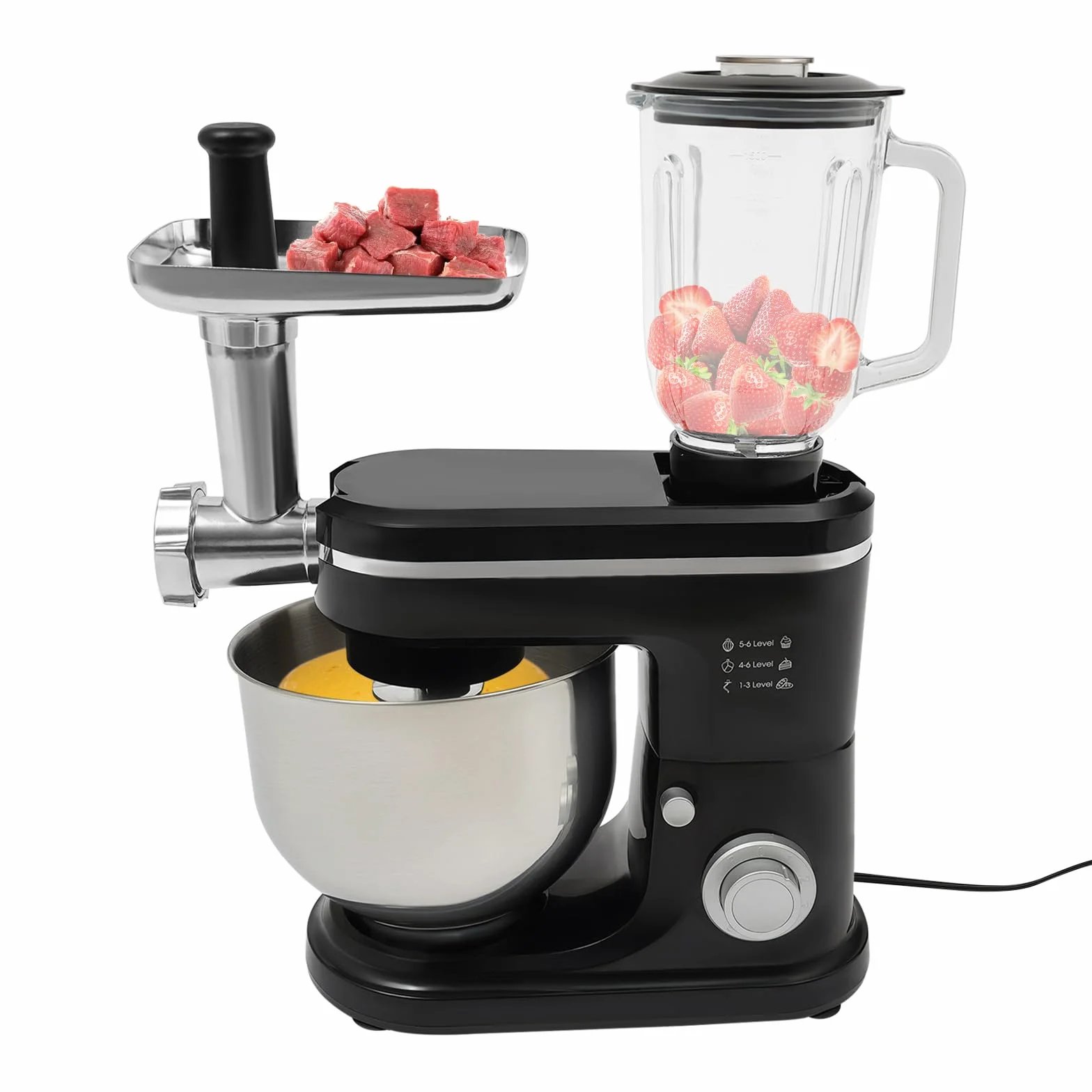 Robot de cocina 3 en 1 universal, 1500 W, multifuncional, amasadora con cuenco de acero inoxidable de 6 L, batidora de 6 niveles, batidora de pie, picadora de carne