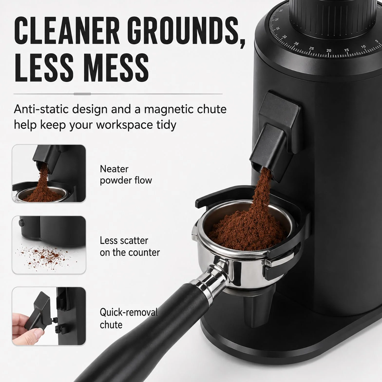 Molinillo de Café Barista 80 mm - Molinillo para Espresso con Muelas Planas, Velocidad Variable, Tolva Monodosis y Horquilla Portafiltro Black