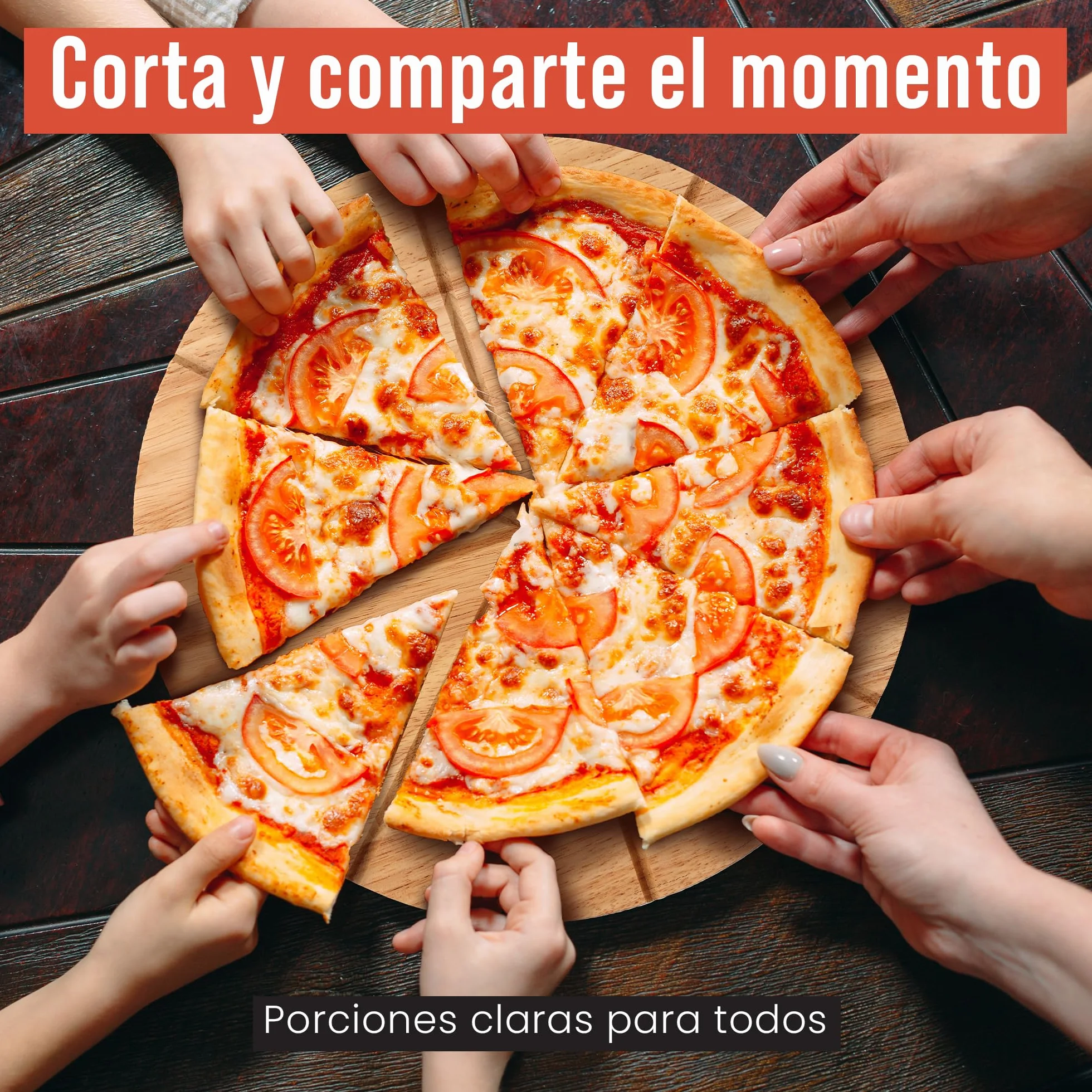Chef Pomodoro Cortador de Pizza 14" Cuchilla Oscilante Acero Inoxidable Tabla Madera