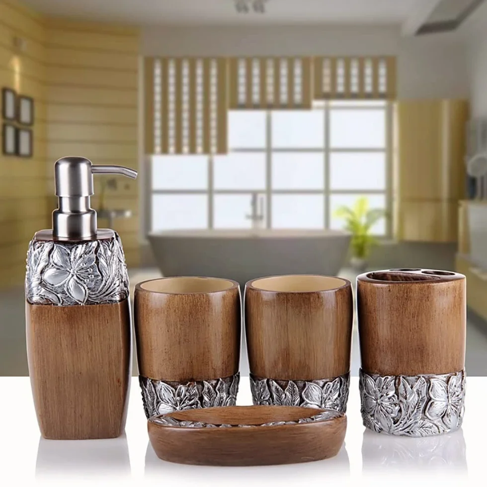 DSMYYXGS 5 Piezas Juego de Accesorios para Baño Bomba de Prensa Relieve de Flor de Arena de Piedra Porta Cepillos de Dientes, Jabonera, Dispensador de Jabón Vaso para Enjuague Bucal ( Color : Brown )