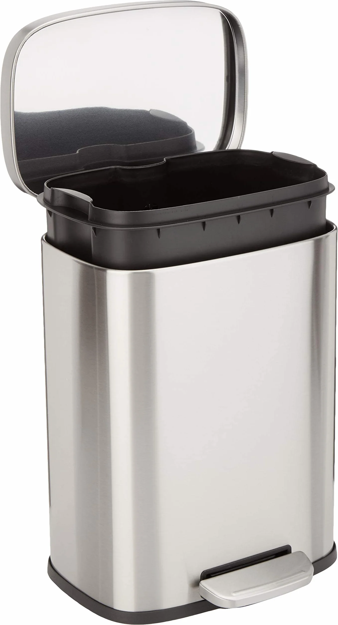 Amazon Basics Cubo de basura rectangular pequeño antimanchas con pedal suave, baño, dormitorio o salón, acero inoxidable cepillado y níquel satinado, 12 l, 28,7 x 25,15 x 38,35 cm (l. x an. x alt.)