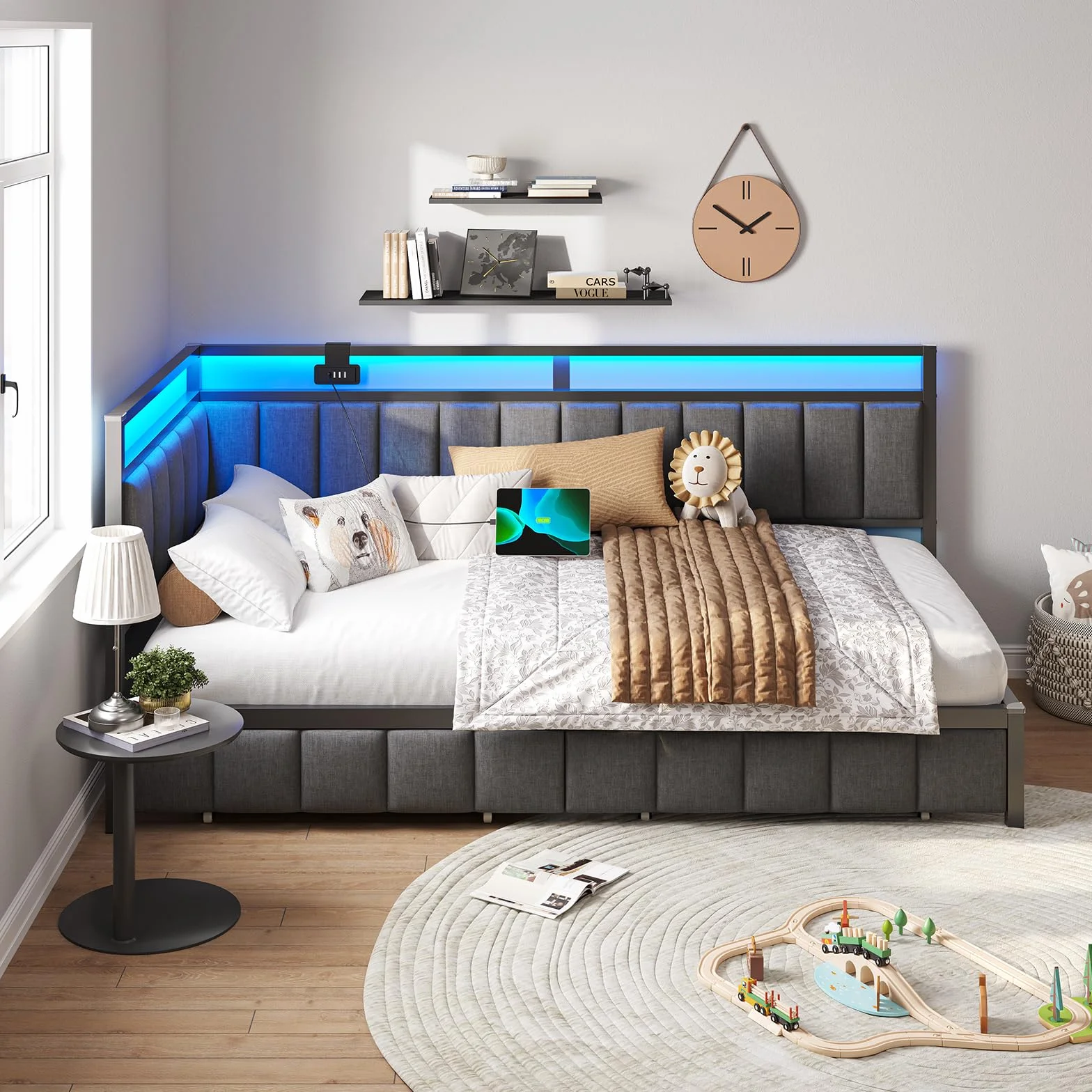 DICTAC Sofá Cama de 90 x 190 con iluminación LED y Toma USB, Estructura de Cama de 90x190 con somier de láminas de Metal, Cama banqueta con Cama Nido y cajones de Almacenamiento para niños, Gris