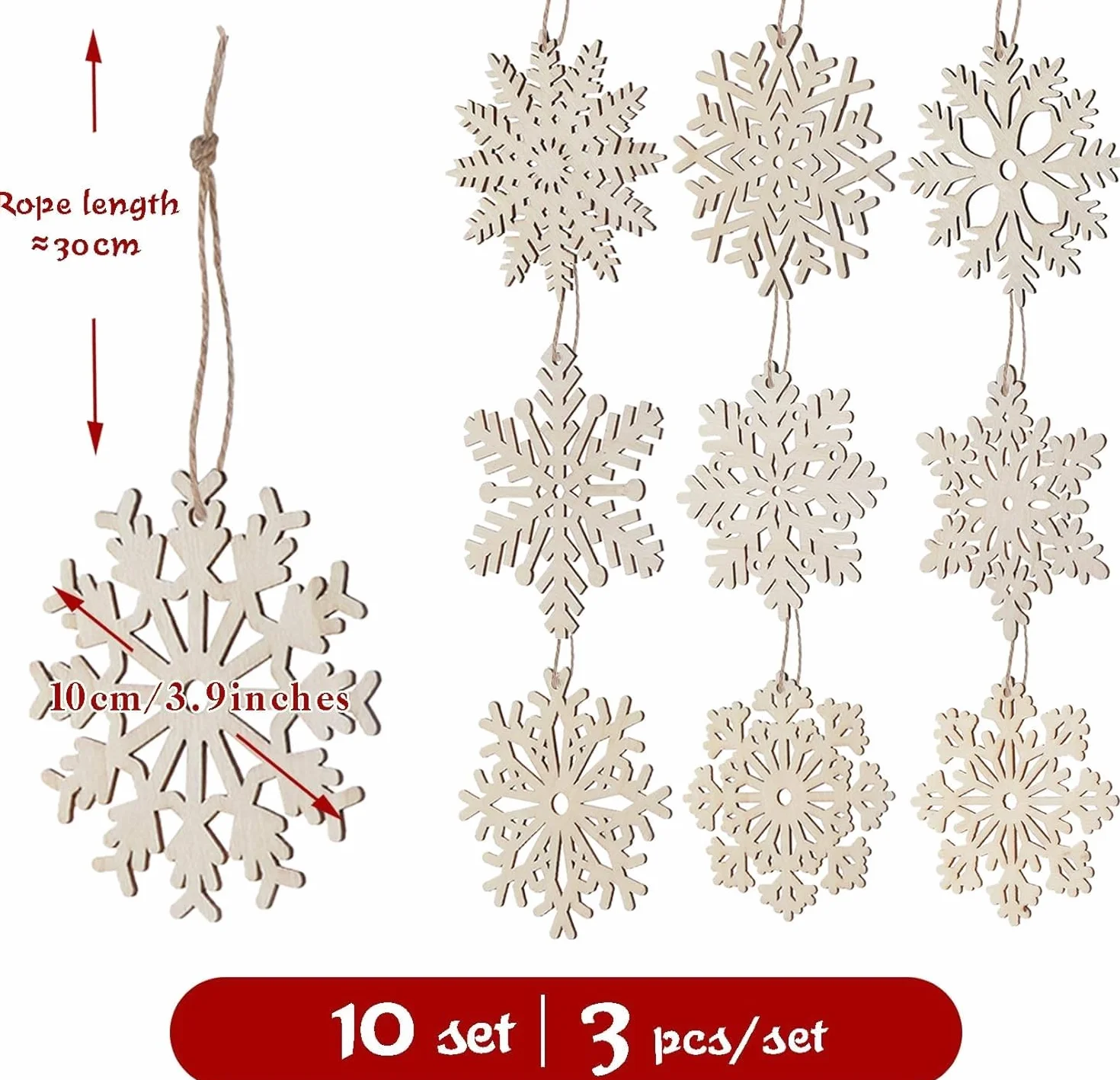 Copos de Nieve de Madera ilauke 30 Piezas, 10 Estilos Ahuecados con Cuerda para Decoración Navideña