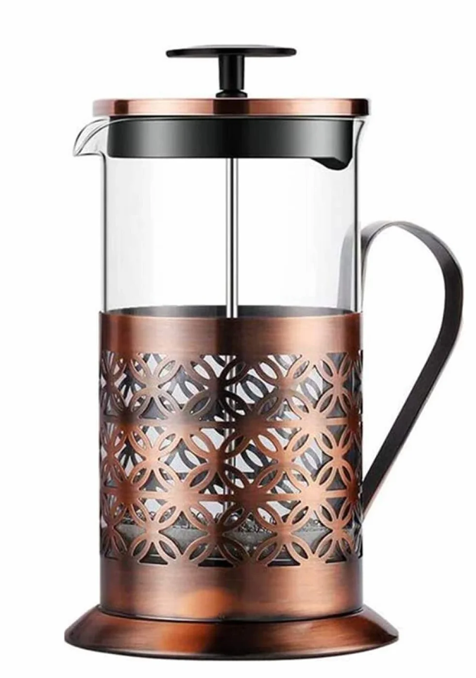 Cafetera de prensa francesa, jarra de vidrio de acero inoxidable, filtro de émbolo de café de acero inoxidable, cafetera manual, acabado de cobre, prensa de café, 600 ml