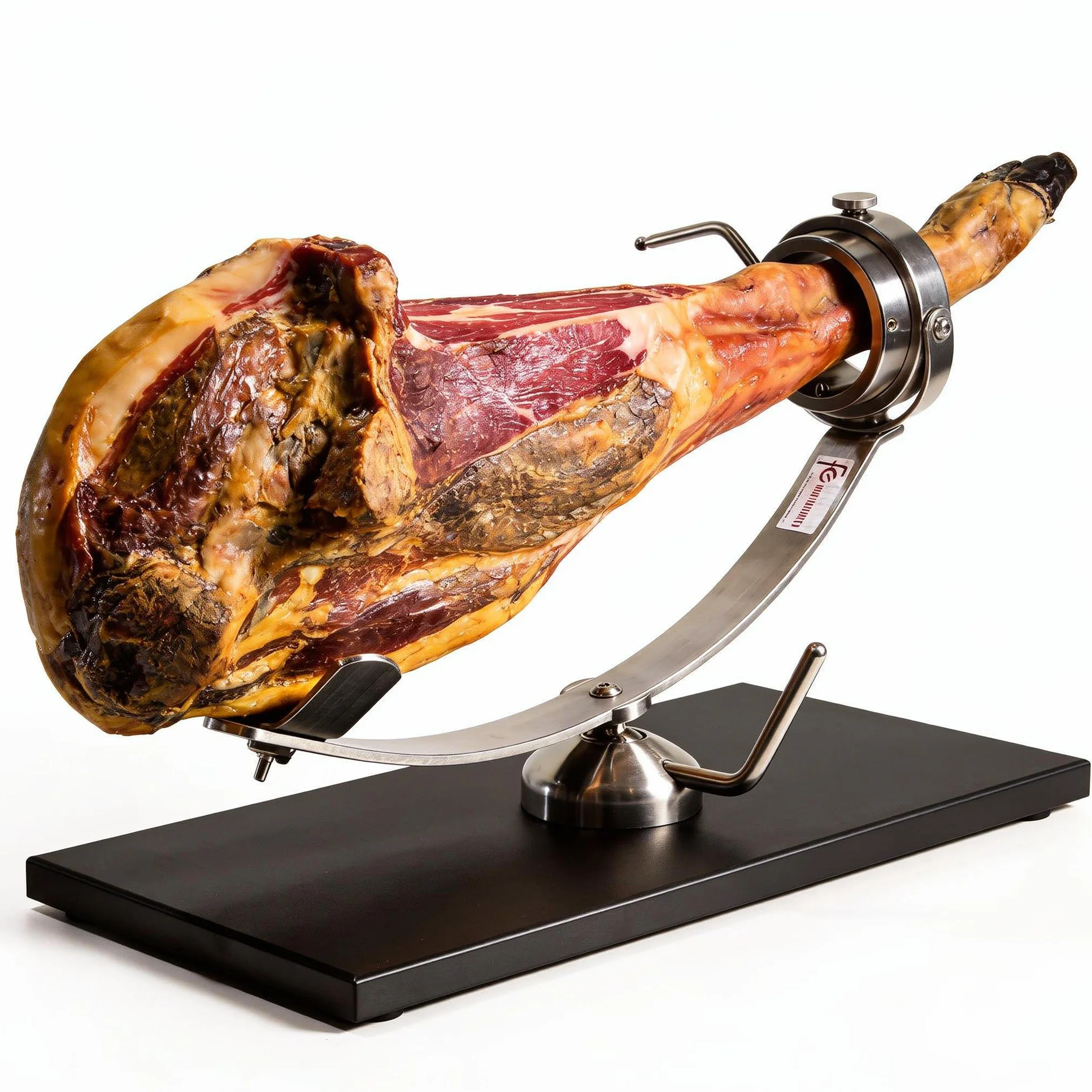 Jamonero Profesional Giratorio 360° Flores Cortés Don Benito – Base Fibra Negra 25mm, Acero Inoxidable, Fabricado en España, Estable y Preciso