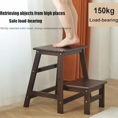 Taburete de madera de 2 niveles, diseño plegable que ahorra espacio para un alcance seguro en el hogar, cocina, biblioteca