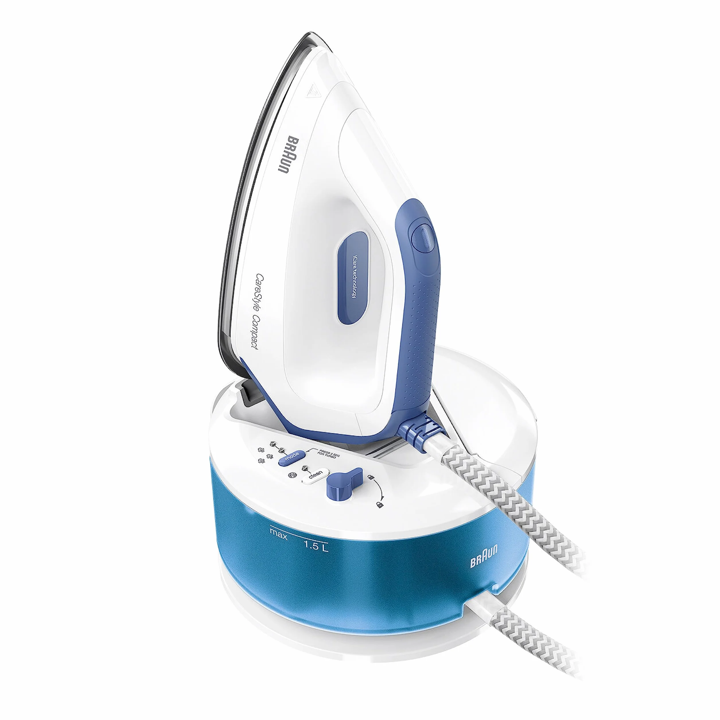 Braun CareStyle Compact Steam Generator, Plancha de Vapor con Suela FreeGlide 3D, Presión de 6 bar, Gran Depósito de Agua de 1,5 l, Función Eco, IS2143BL, Blanco Azul