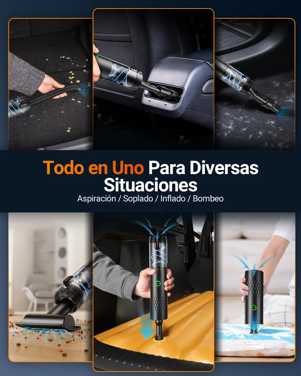 SEALIGHT Aspirador de Mano, 29000Pa Mini Aspirador Recargable con 40 Minutos Duración Batería, 4 en 1 Aspiradoras de Mano con Motor sin Escobillas, 2 Niveles Aspirador sin Cable para Coche