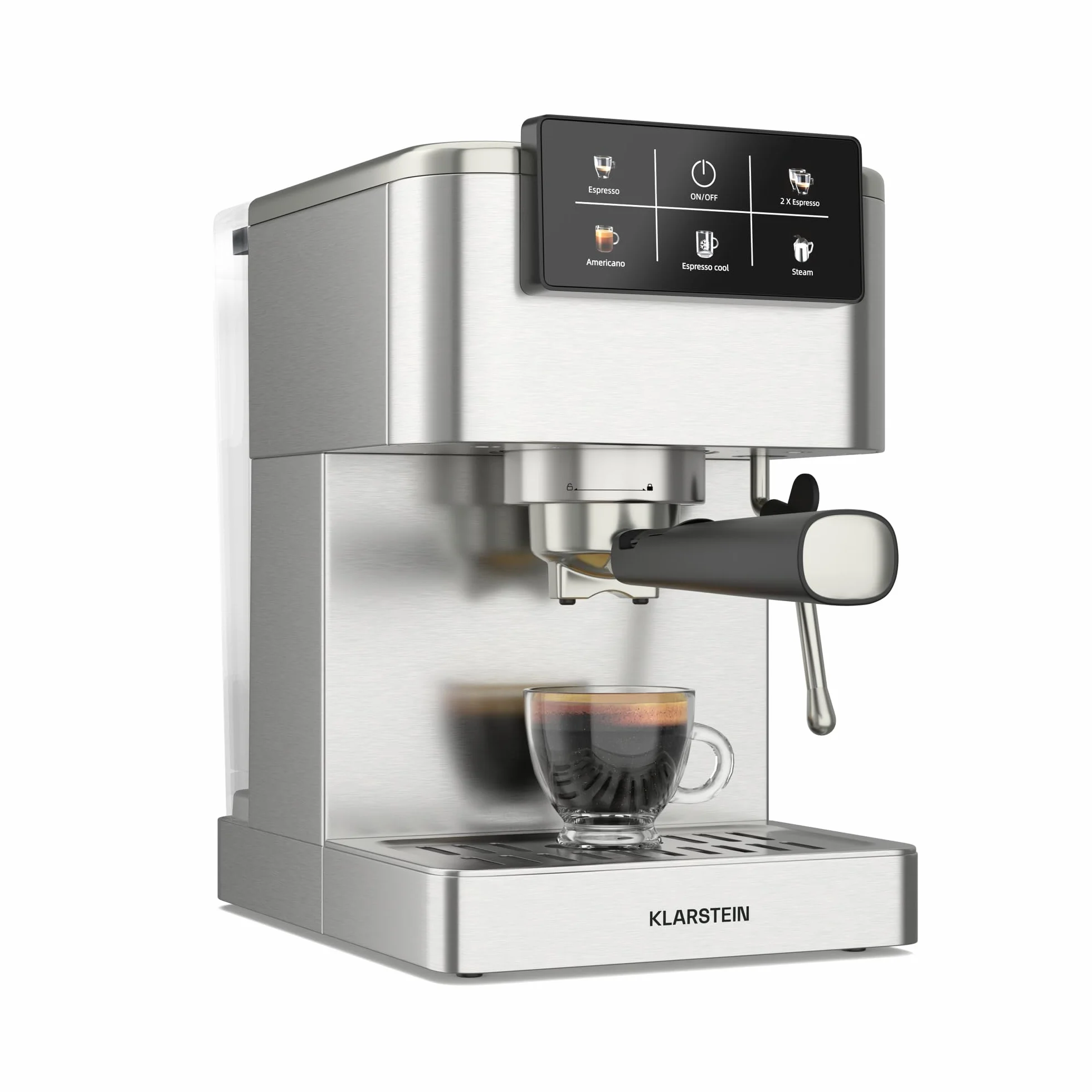 KLARSTEIN SteelPresso Touch Cafetera Espresso – 20 Bares, 1350W, Pantalla Táctil, Espumador de Leche, Depósito 1.5L, Acero Inoxidable, Máquina Café, Diseño Compacto