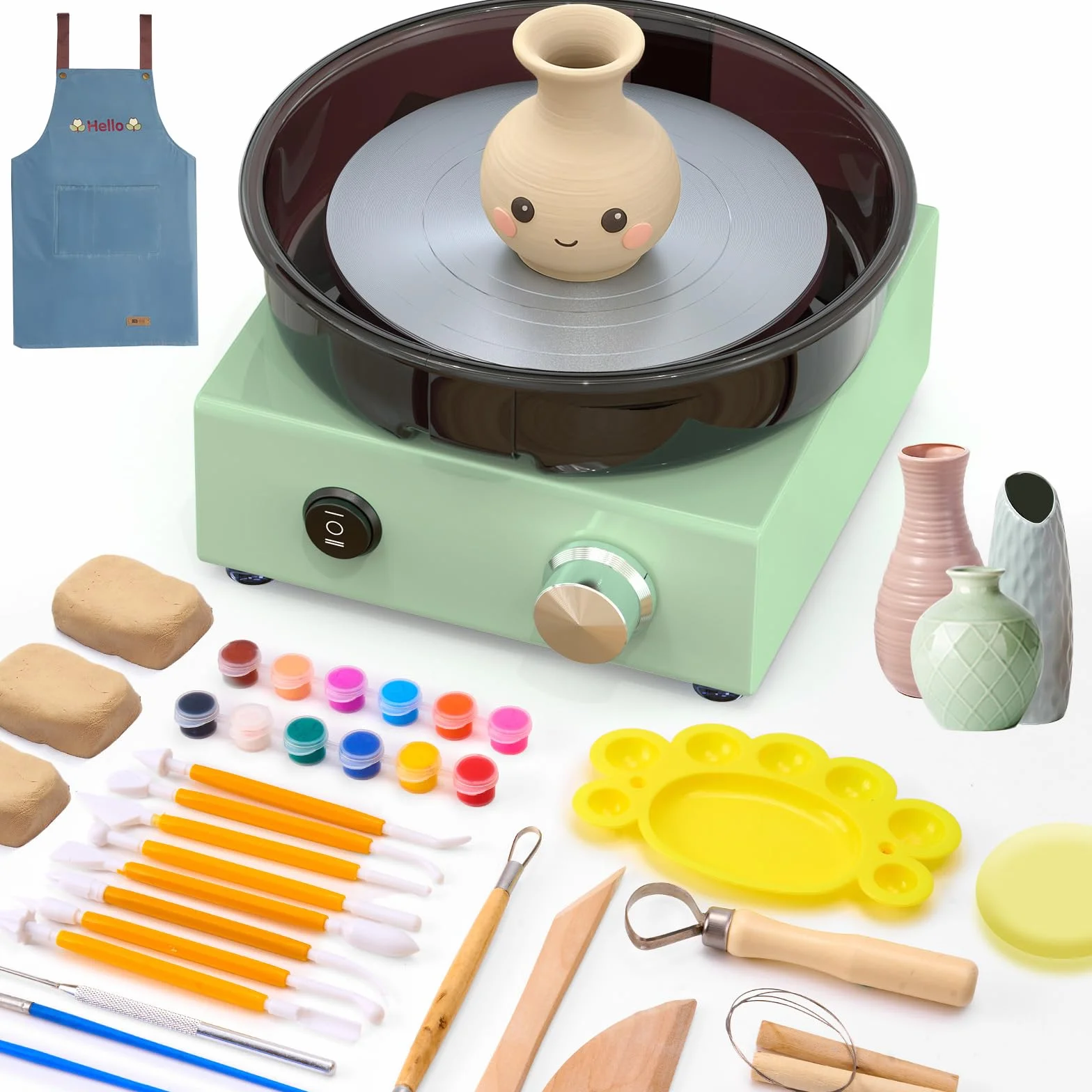 Kit de Torno de Cerámica Mini – Plataforma de 6" con Rotación en Dos Sentidos, Rueda de Arcilla, Estructura Metálica y Bandeja Extraíble, Incluye 18 Herramientas de Escultura para Principiante