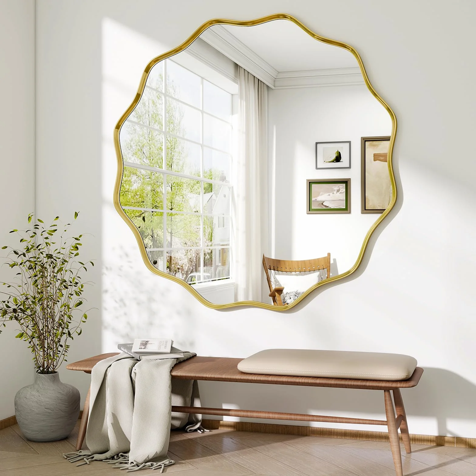 BEAUTYPEAK Espejo redondo de 106 cm, espejo de pared con borde ondulado, marco de aluminio, espejo redondo grande para colgar y apoyar, espejo de pared redondo para dormitorio, baño, pasillo dorado