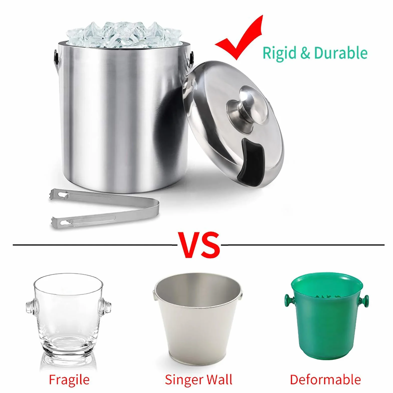 Ice Buckets with Lid and Tongs Stainless Steel Double Walled Bar Ice Bucket Container, Large Insulated Ice Cube Bucket Thick Ice Pail with Carry Handle for Parties, Cocktail, Bottle