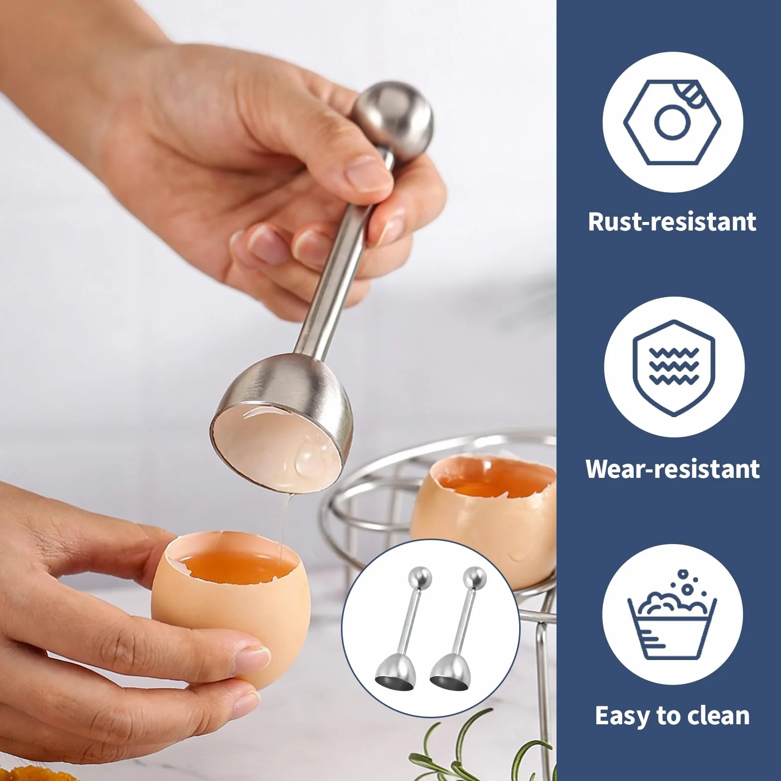 Abridor de Huevos Acero Inoxidable con Resorte, Cortador de Cáscara Preciso para Huevos Hervidos, Blandos o Crudos, Herramienta Reutilizable