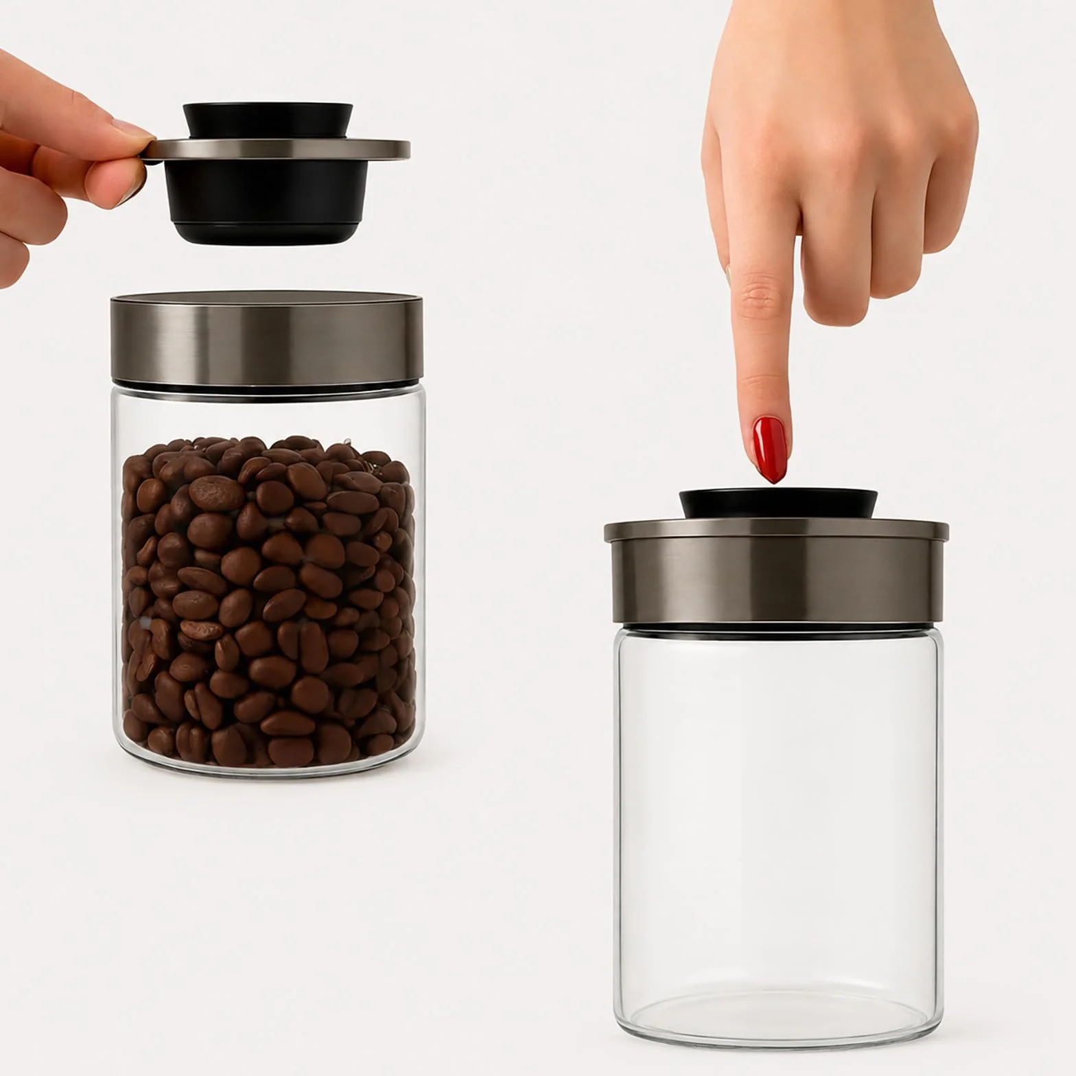 BURI Juego de 6 tarros de vidrio al vacío de 1300ml | Tarros de almacenamiento de vidrio con tapa de acero inoxidable y mecanismo de clic al vacío | Hermético a las polillas, apilable, apto para