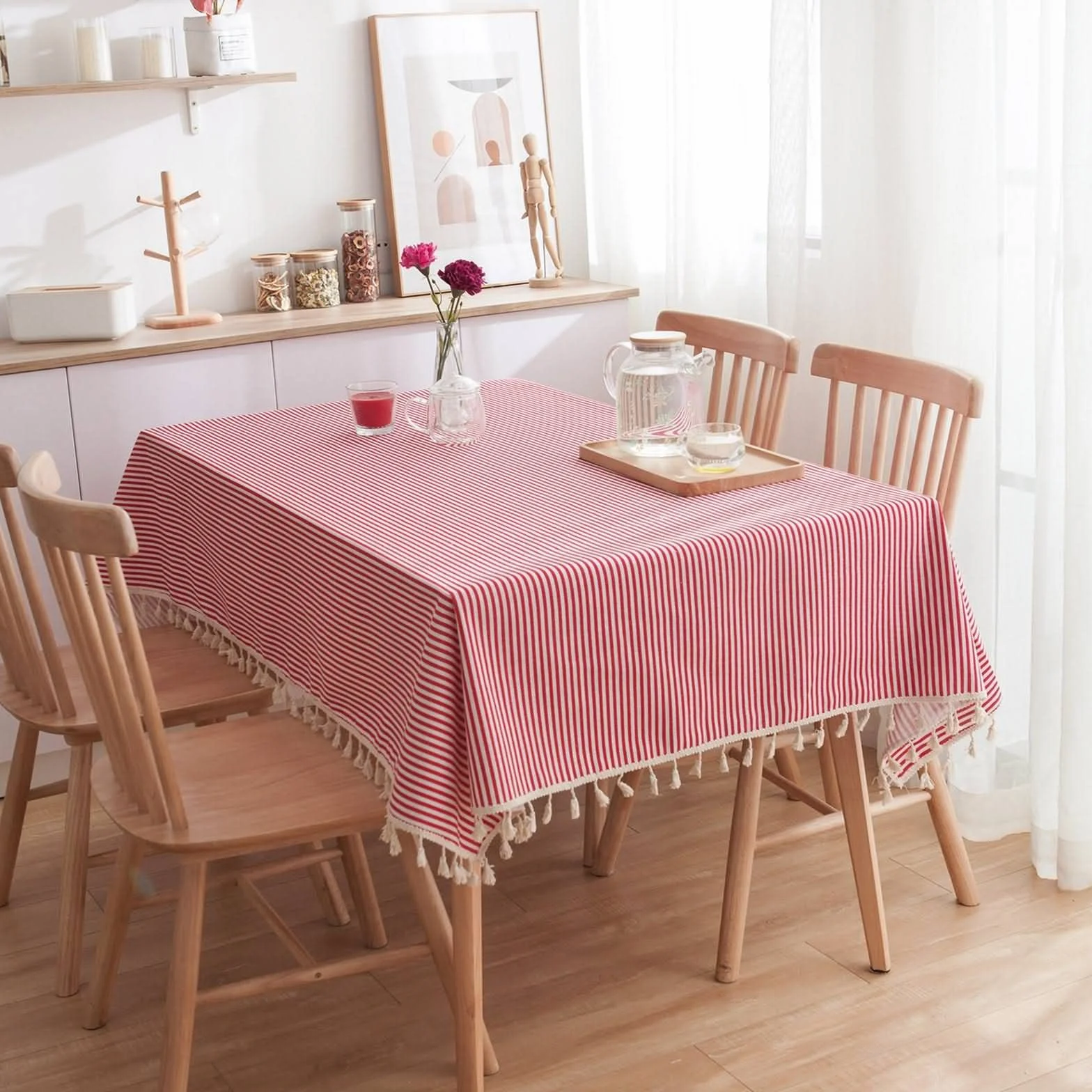 Mesa Centro - Repisa de leña a rayas con borla de macramé antimanchas, mantel y servilletas, camino de mesa elevable pequeño, algodón, decoración protectora, 140 x 160 cm, rojo y blanco