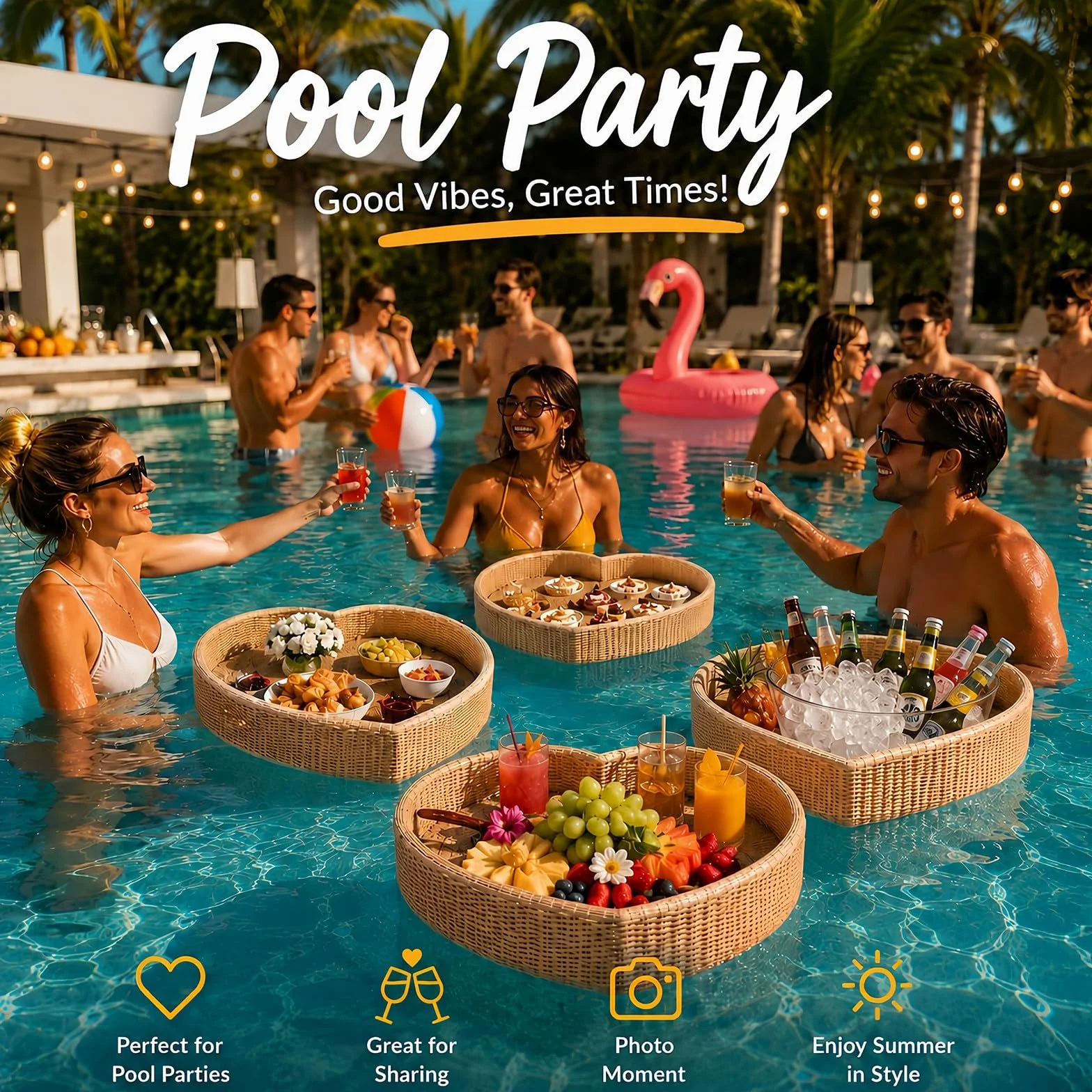 BANGBANGJI Bandeja Flotante Efecto Ratán para Resorts de Verano White | Bandeja flotante de ratán con acabado cuidado, espaciosa para bebidas, desayunos, fruta & accesorios