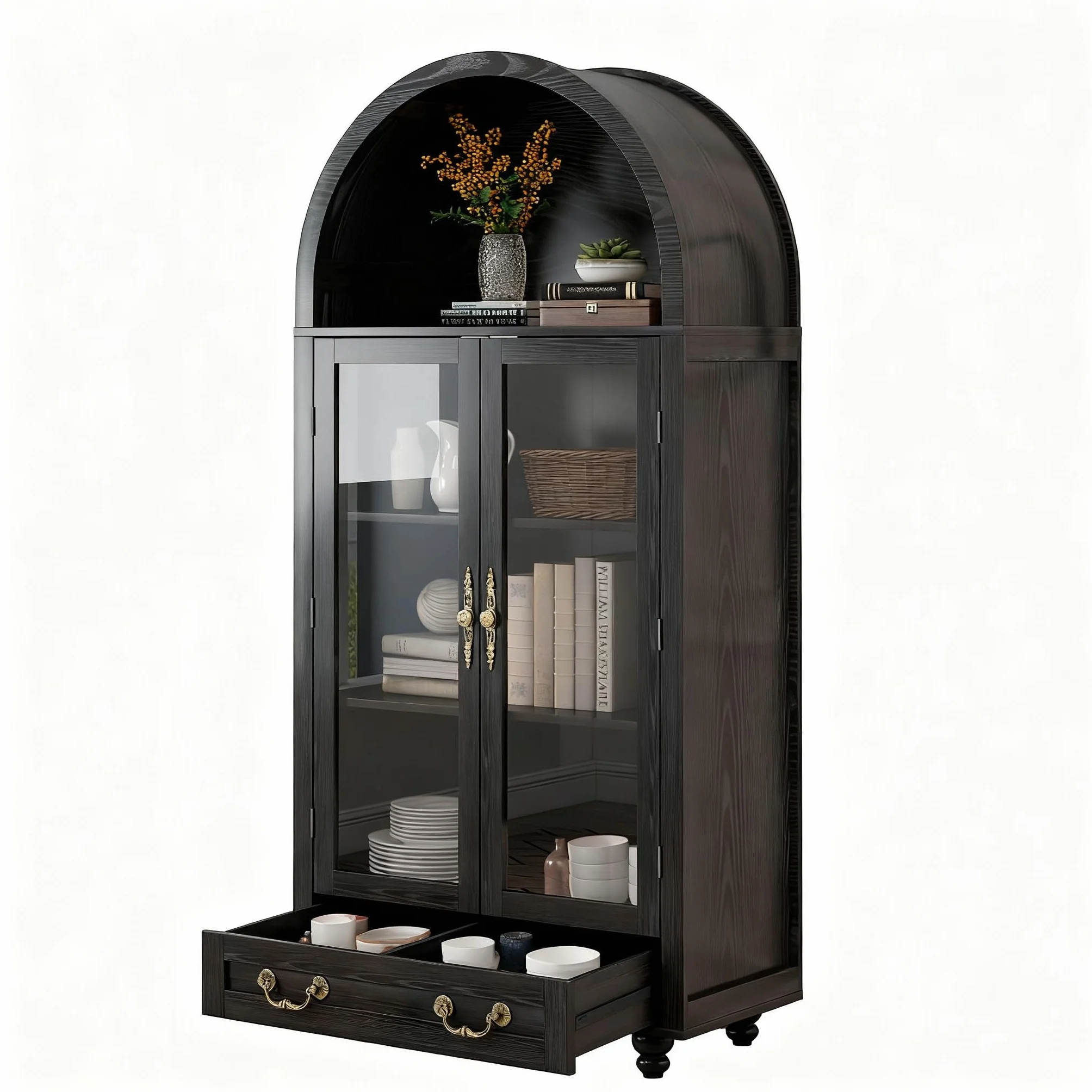 Vitrina de madera con puertas de cristal y parte superior en forma de arco, amplio espacio de almacenamiento para libros, platos y más, acabado negro resistente con asas doradas, 31 pulgadas