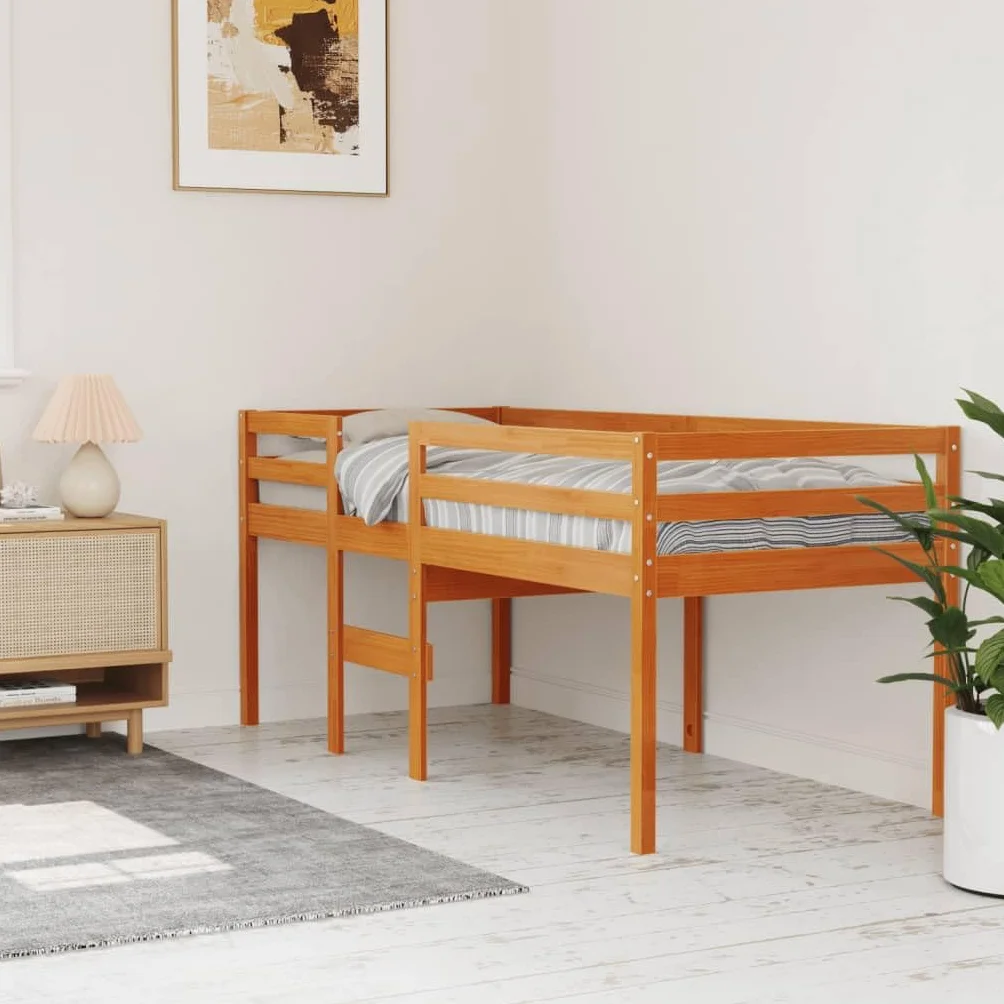 Cama alta marrón cera 80 x 200 cm madera maciza de pino, estructura de cama robusta para niños y jóvenes, mueble para dormitorio, diseño seguro con escalera